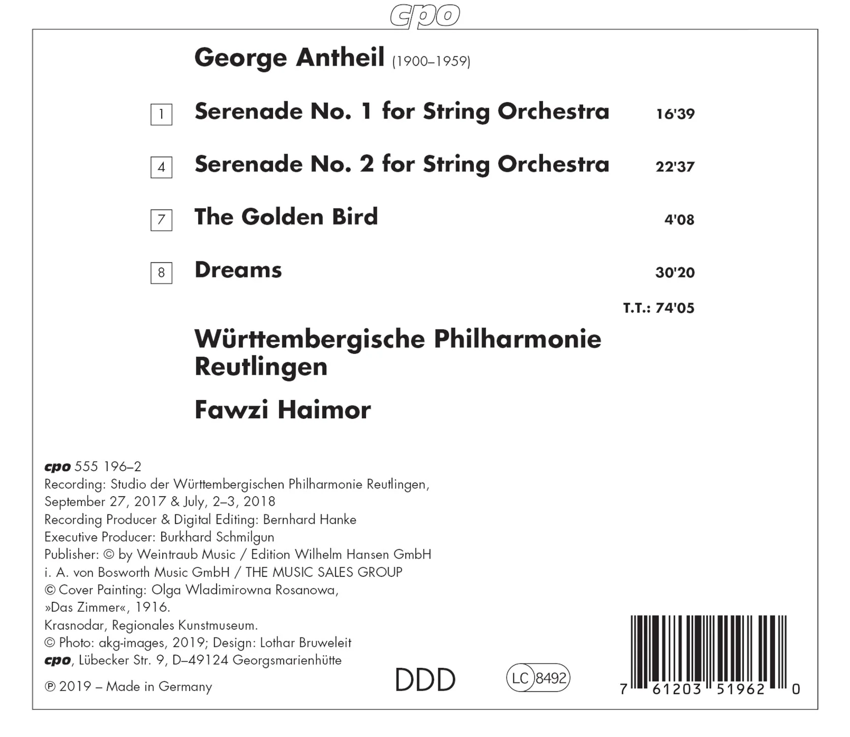 Antheil: Serenades Nos. 1 & 2, Golden Bird, Dreams / Haimor, Wurttemberg Philharmonic - Image 2
