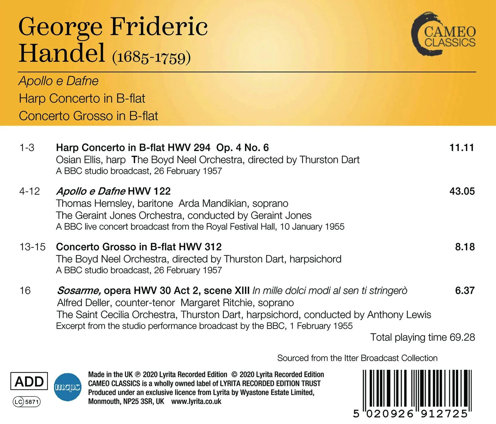 Handel: Apollo e Dafne - Harp Concerto In B-flat - Concerto Grosso In B-flat / Various Artists - Image 2