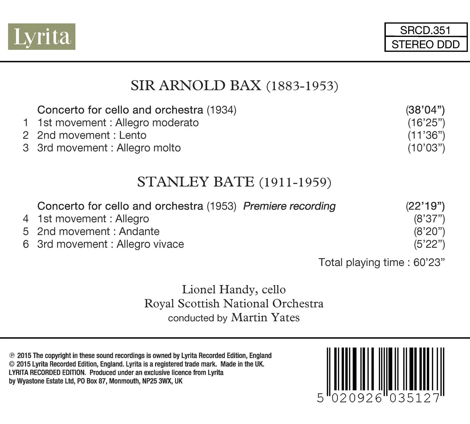 Arnold Bax, Stanley Bate: Cello Concertos - Image 2