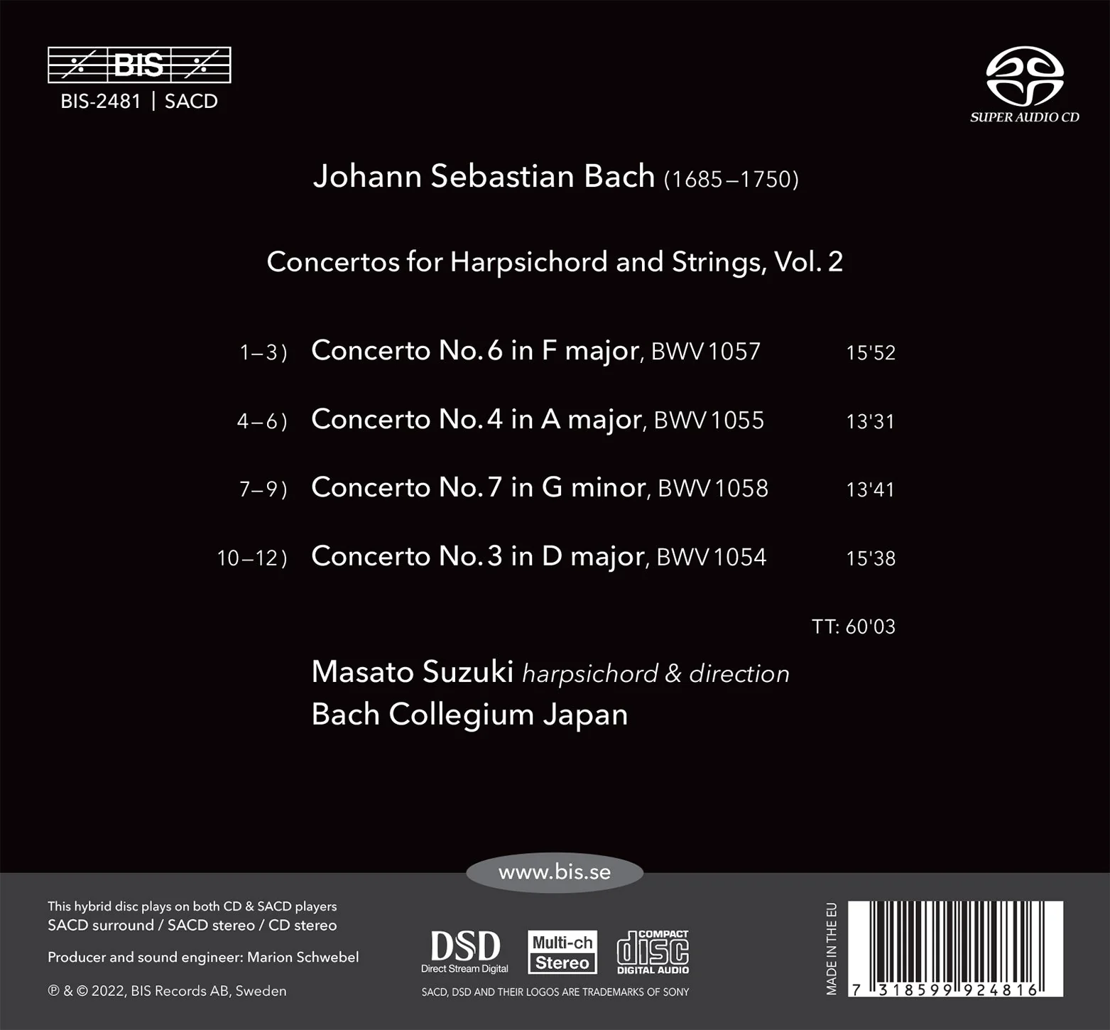 Bach: Concertos for Harpsichord, Vol. 2 / Masato Suzuki, Bach Collegium Japan - Image 2