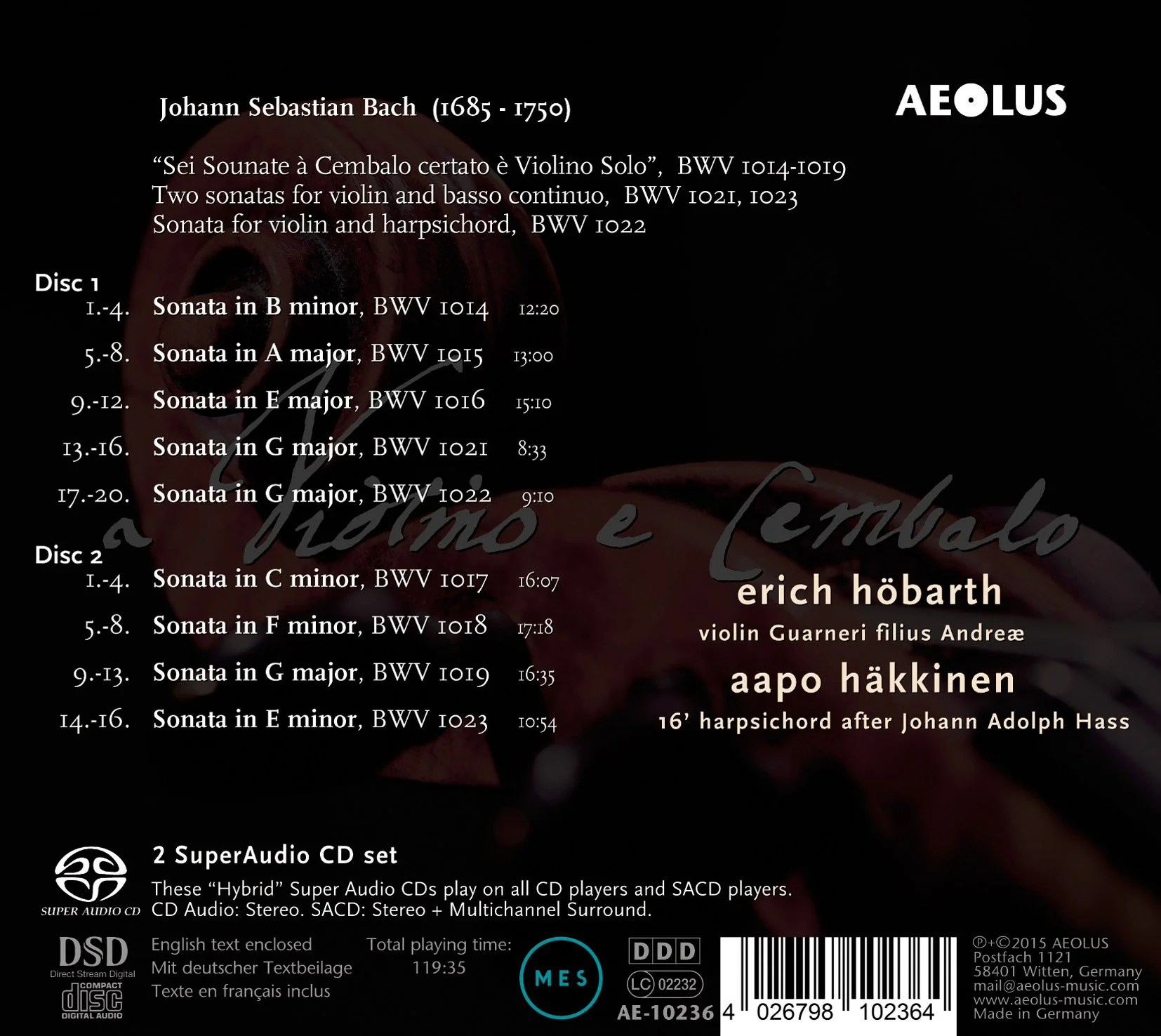 Bach: Sonatas For Violin & Harpsichord / Hobarth, Hakkinen - Image 2