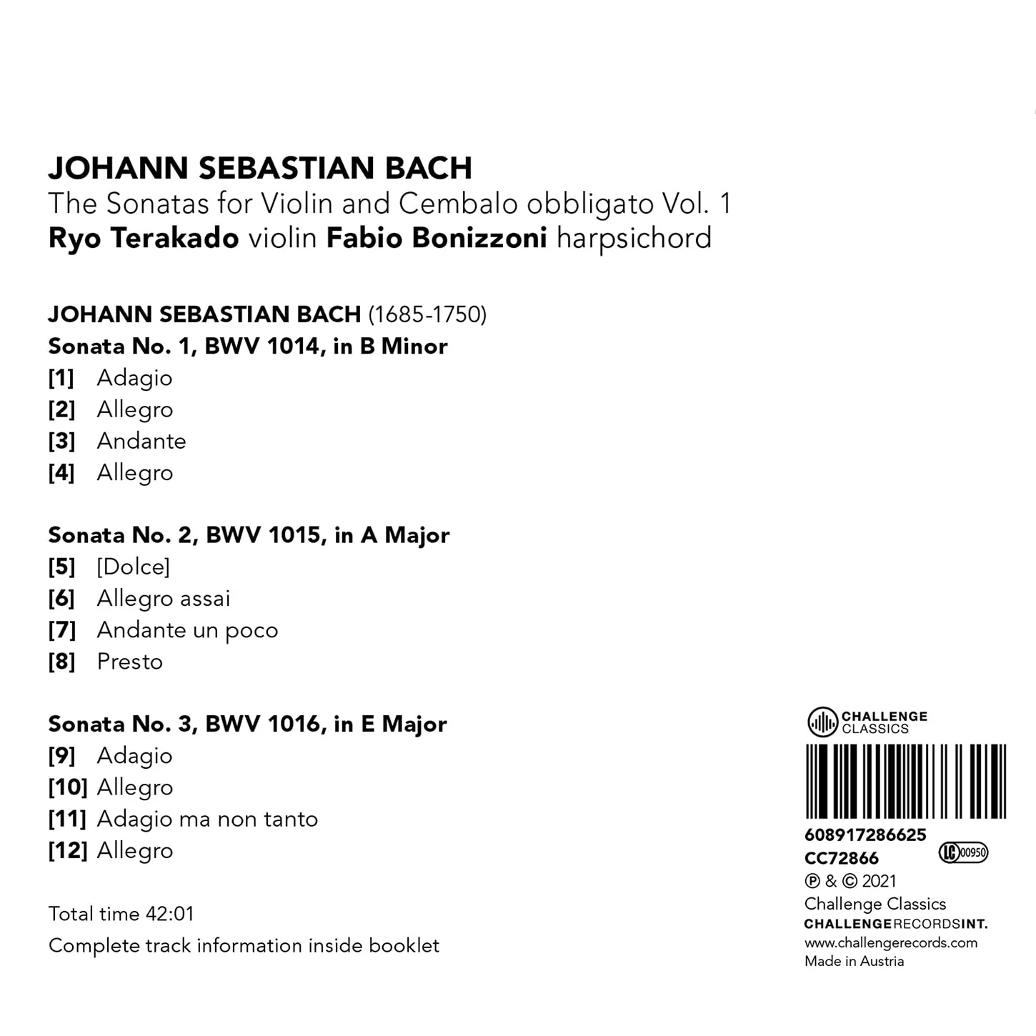 Bach: Sonatas for Violin & Cembalo obbligato, Vol. 1 / Terakado, Bonizzoni - Image 2