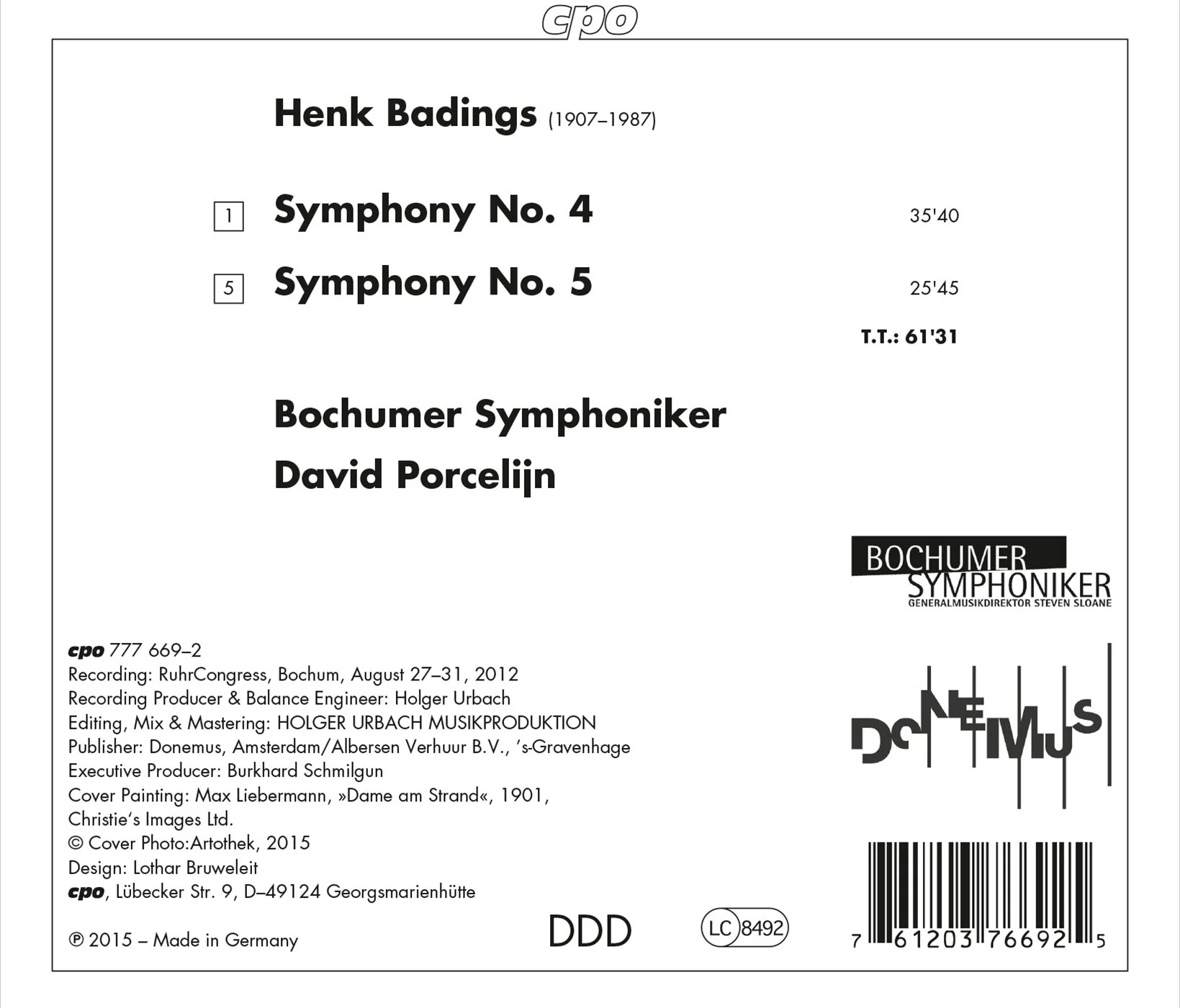 Badings: Symphonies Nos. 4 & 5 / Bochumer Symphoniker, Porcelijn - Image 2