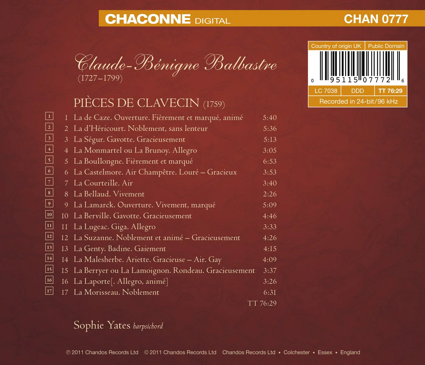 Balbastre: Pieces De Clavecin (1759) / Yates - Image 2