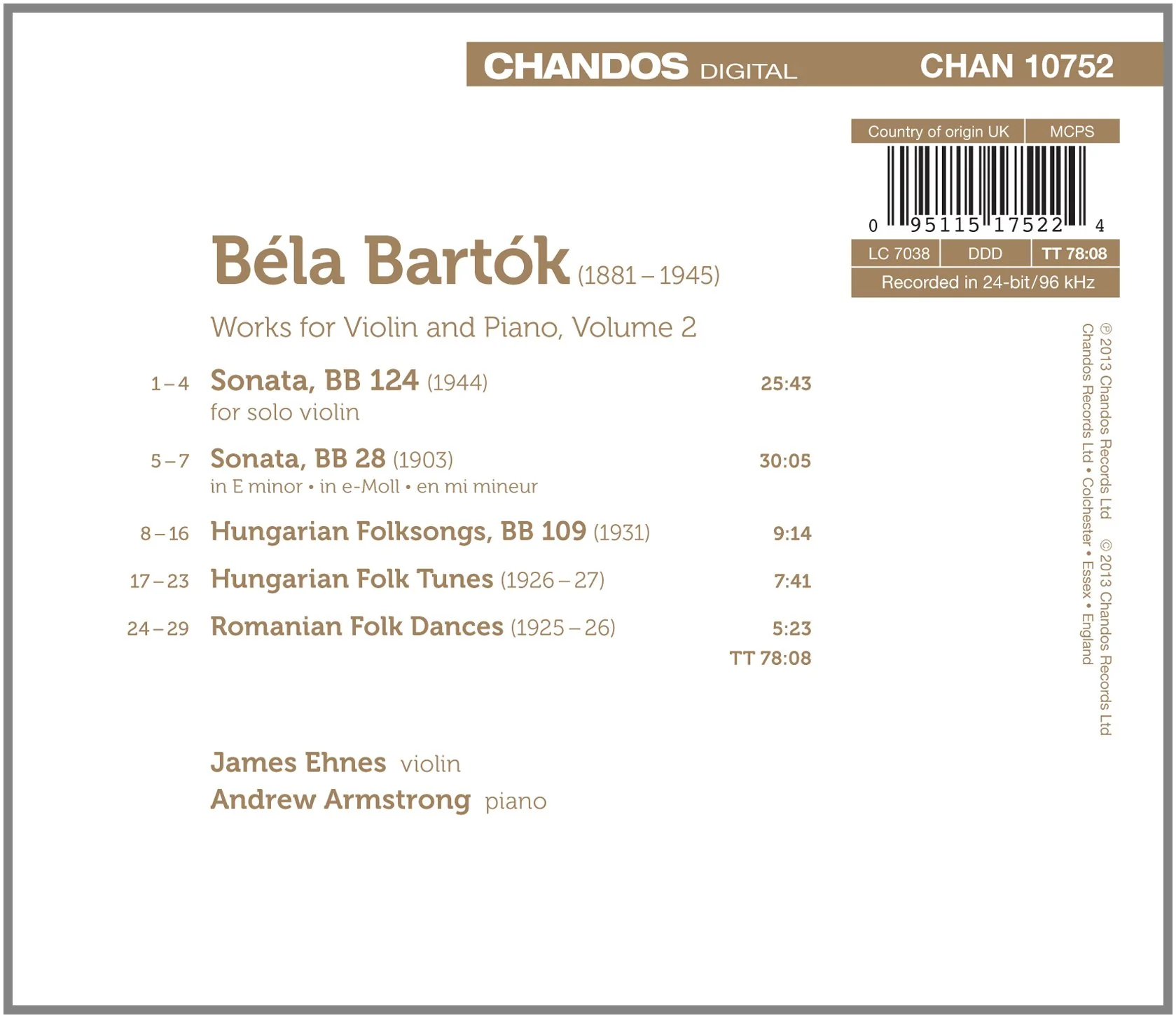 Bartok: Sonatas & Folk Dances / James Ehnes - Image 2