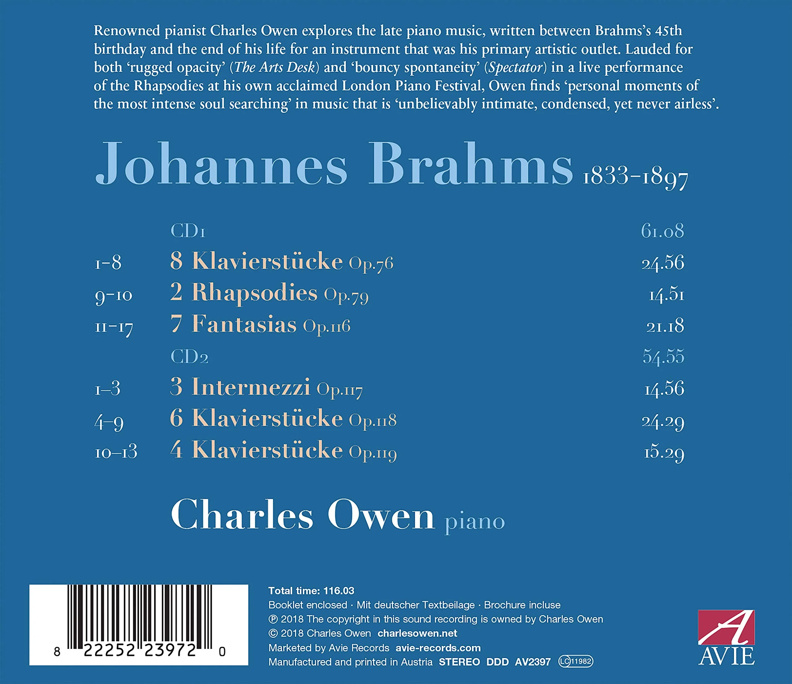 Brahms: Late Piano Music Opp. 76, 79 & 116-119 / Owen - Image 2