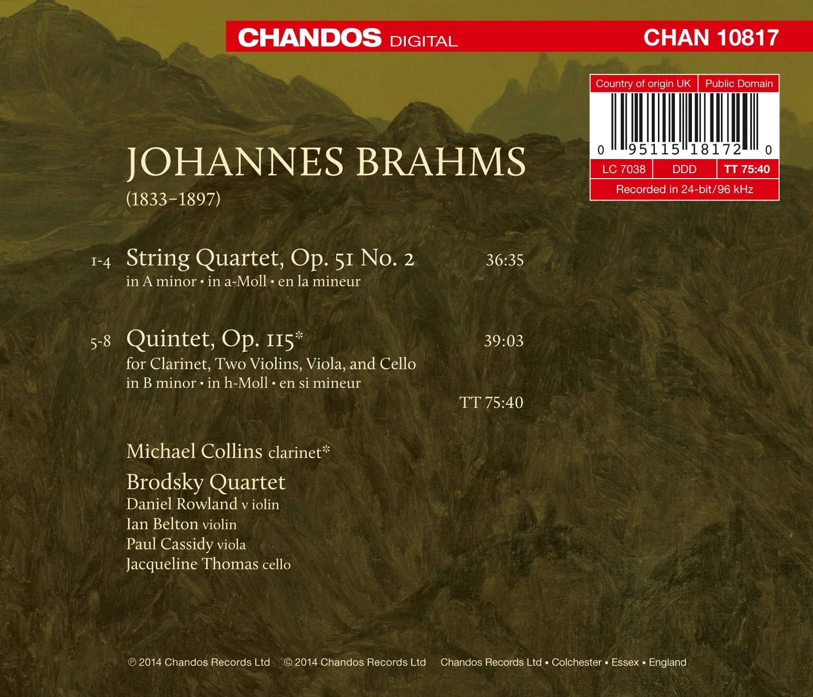 Brahms: String Quartet, Op. 51, No. 2 & Clarinet Quintet, Op - Image 2