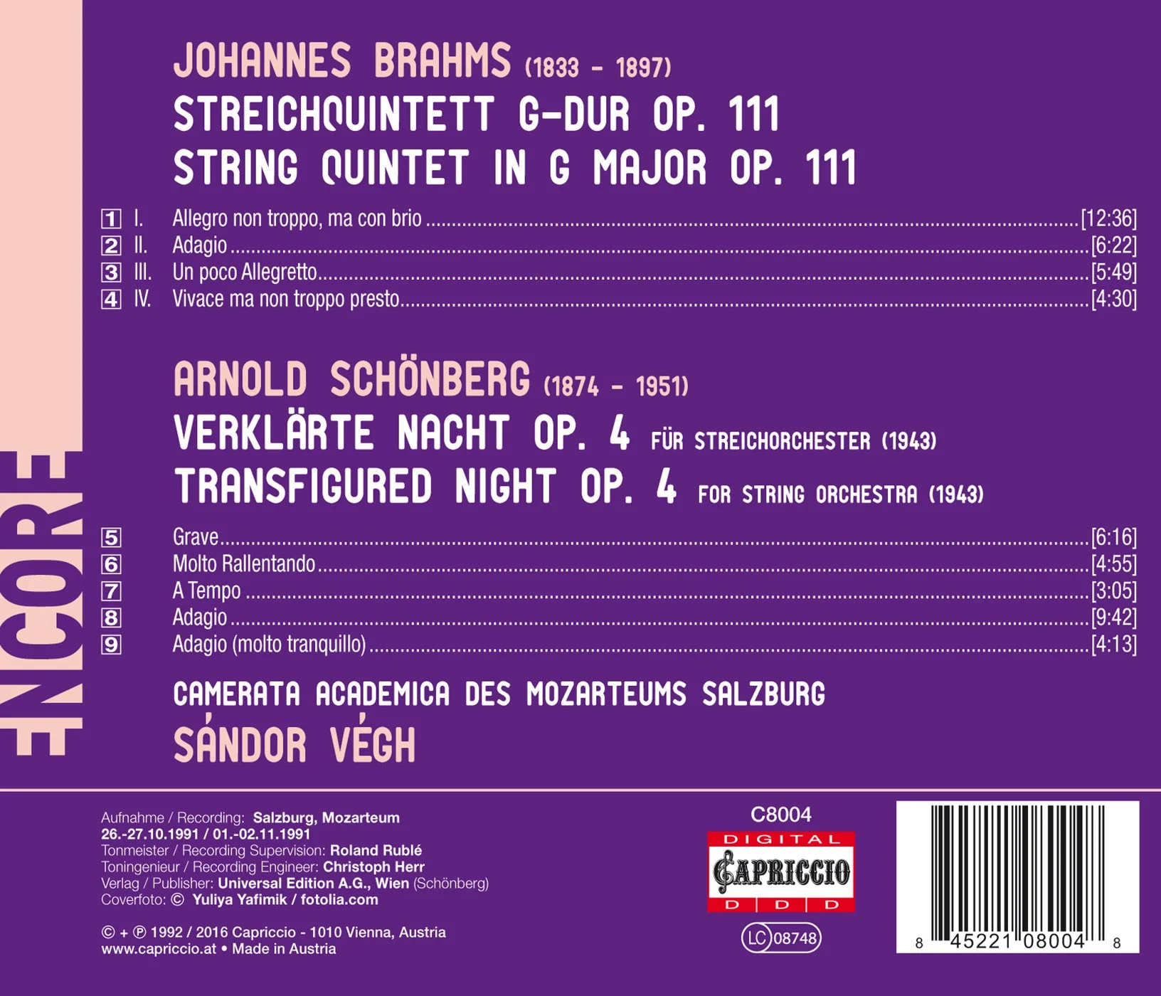 Brahms: String Quintet; Schoenberg: Verklärte Nacht / Végh, Mozarteum Camerata - Image 2