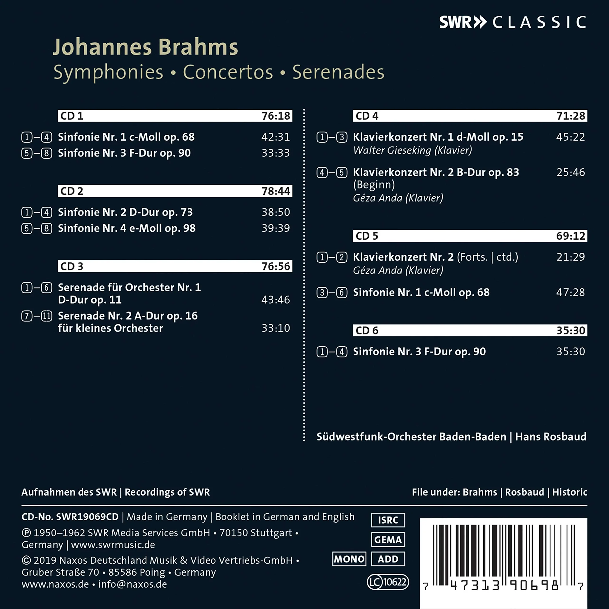 Brahms: Symphonies, Piano Concertos & Serenades / Rosbaud, Southwest German Radio Symphony - Image 2