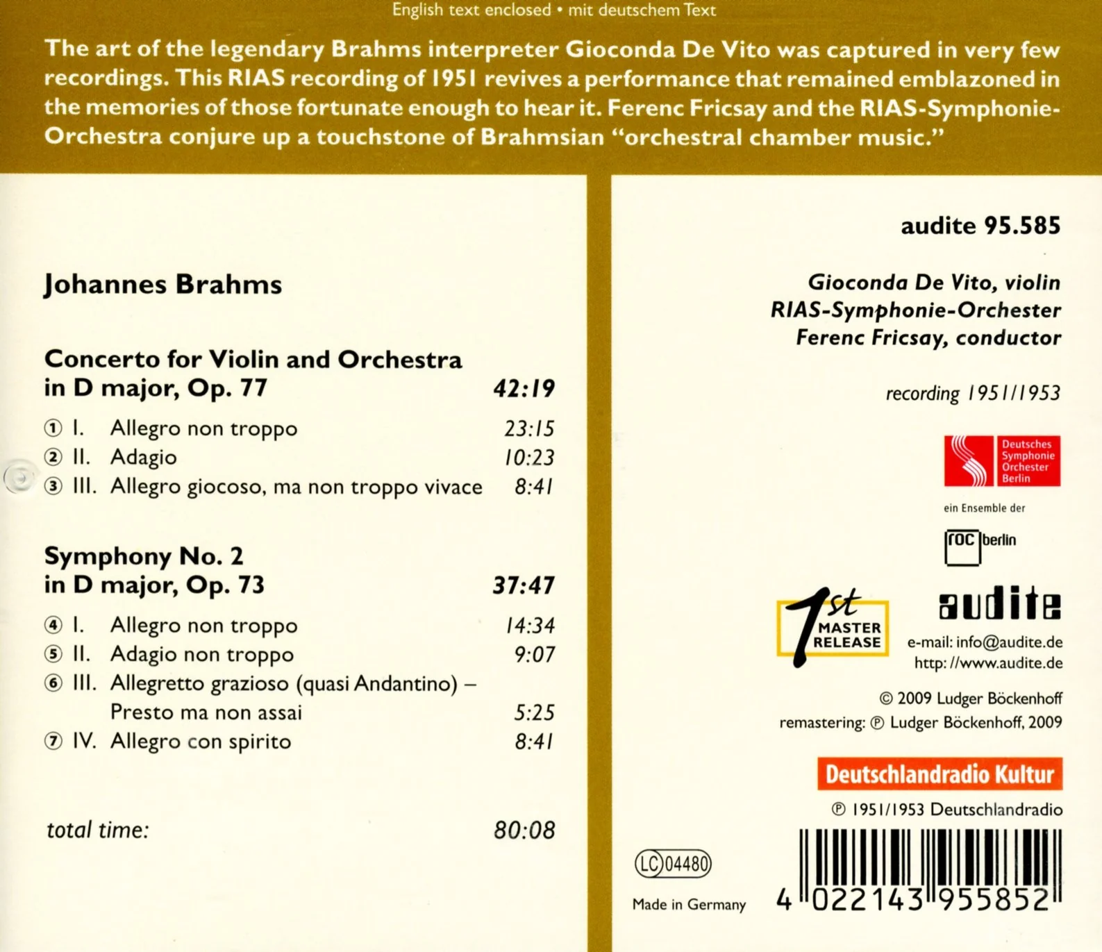 Brahms: Violin Concerto, Symphony No 2 / Fricsay, De Vito - Image 2