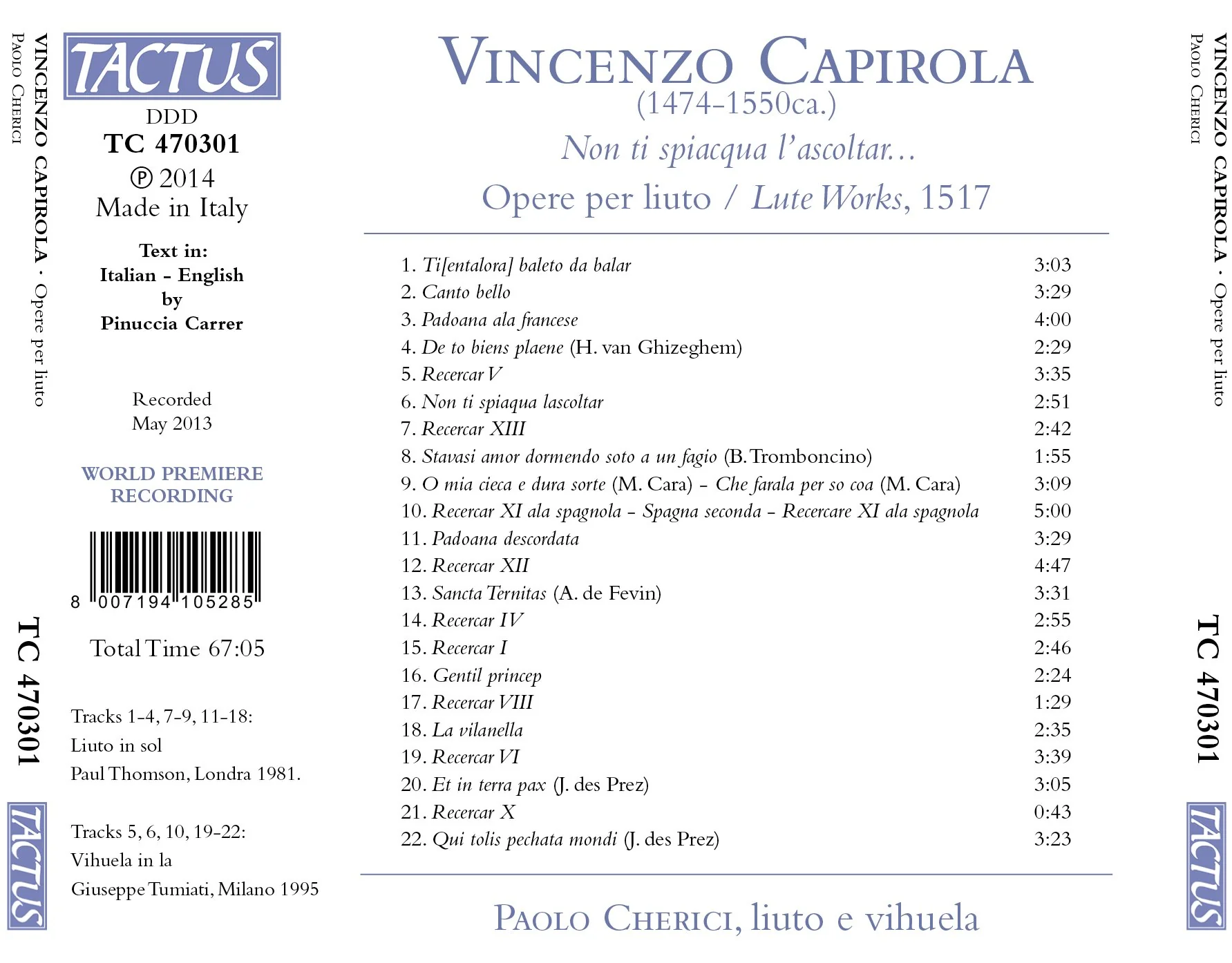 Capirola: Non ti spiacqua l'ascoltar - Lute Works 1517 / Paolo Cherici - Image 2