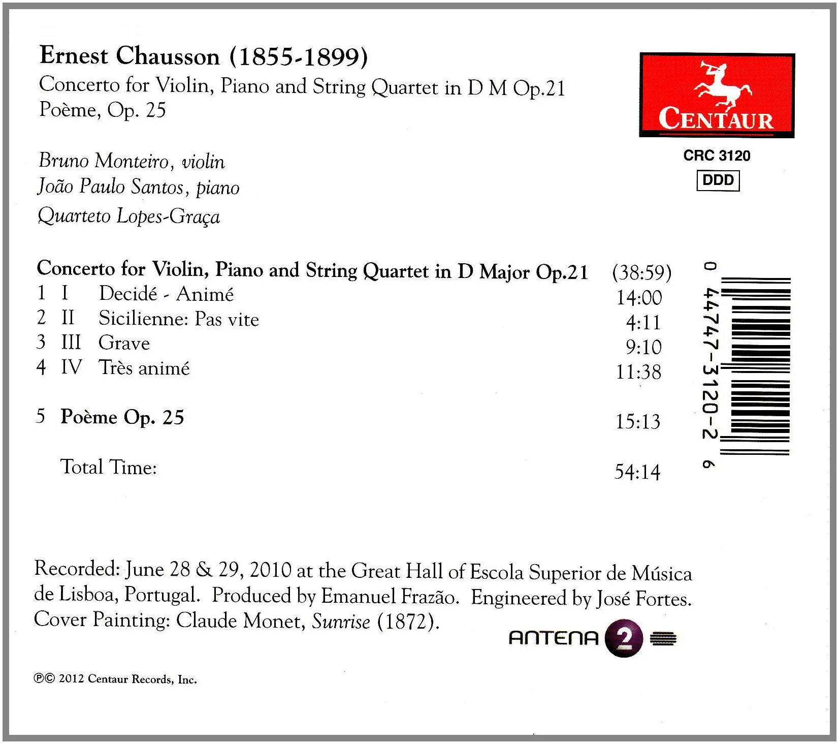 Chausson: Concerto for Violin, Piano & String Quartet in D m - Image 2