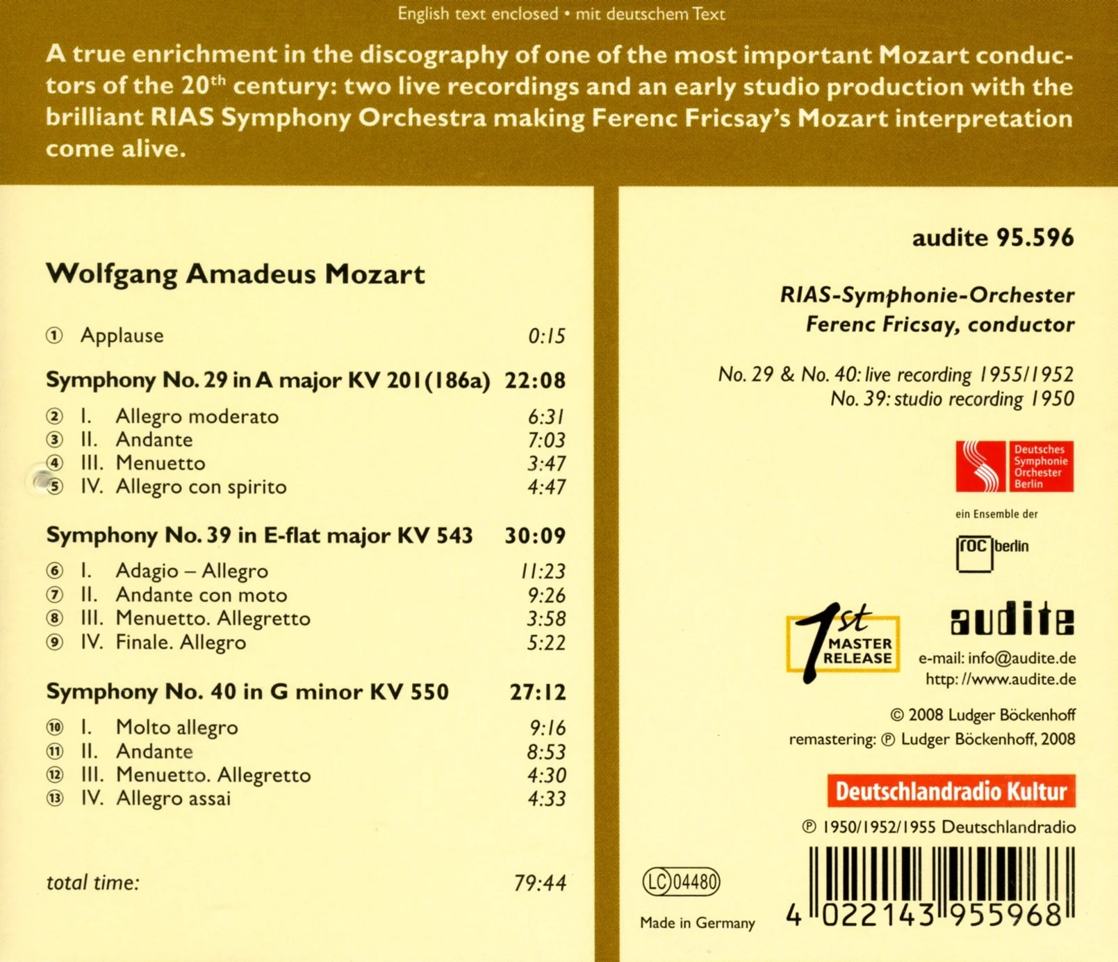Edition Ferenc Fricsay Vol 7 - Mozart: Symphony No 29, 39 & 40 - Image 2