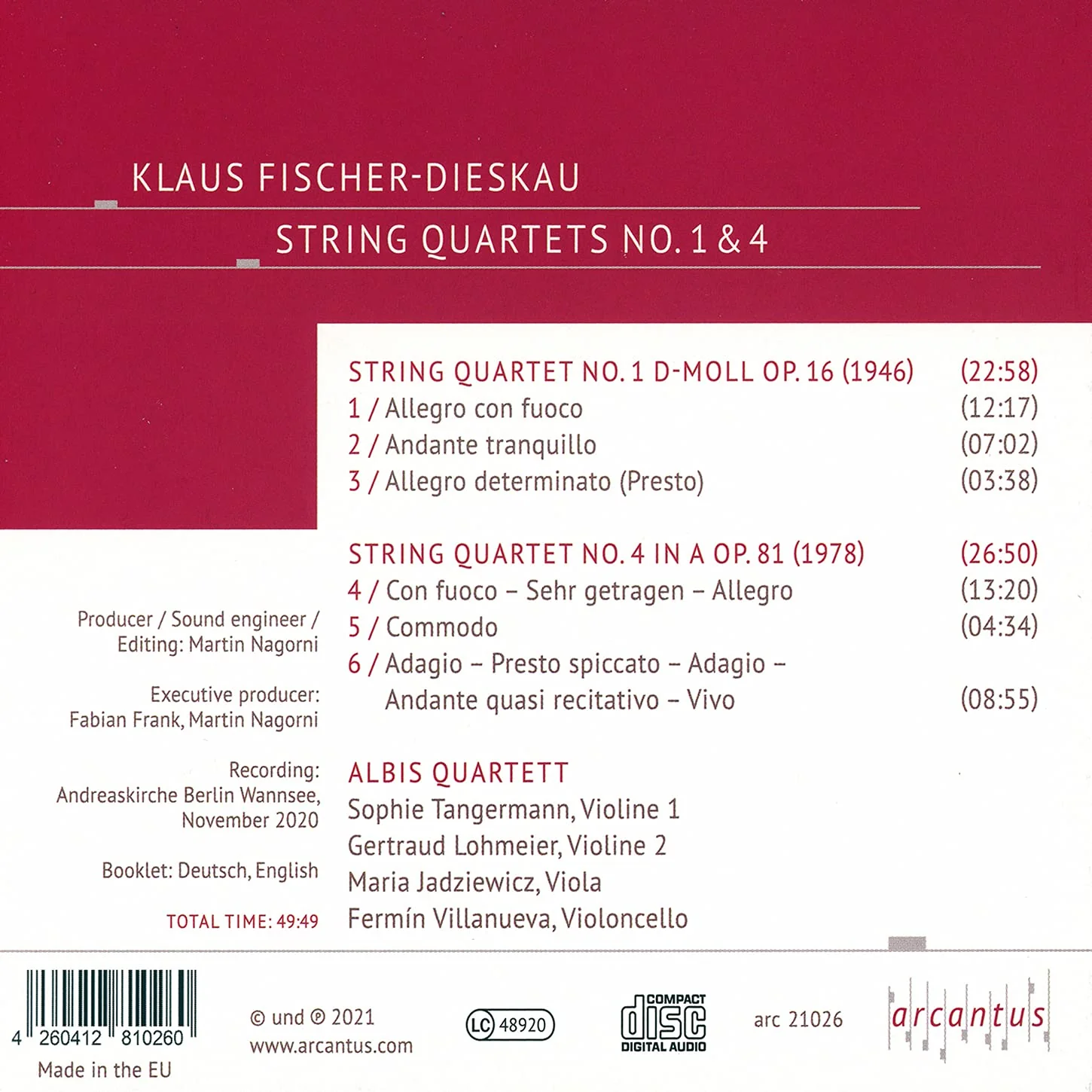 Fischer-Dieskau: String Quartets No. 1 & 4 / Albis Quartett - Image 2