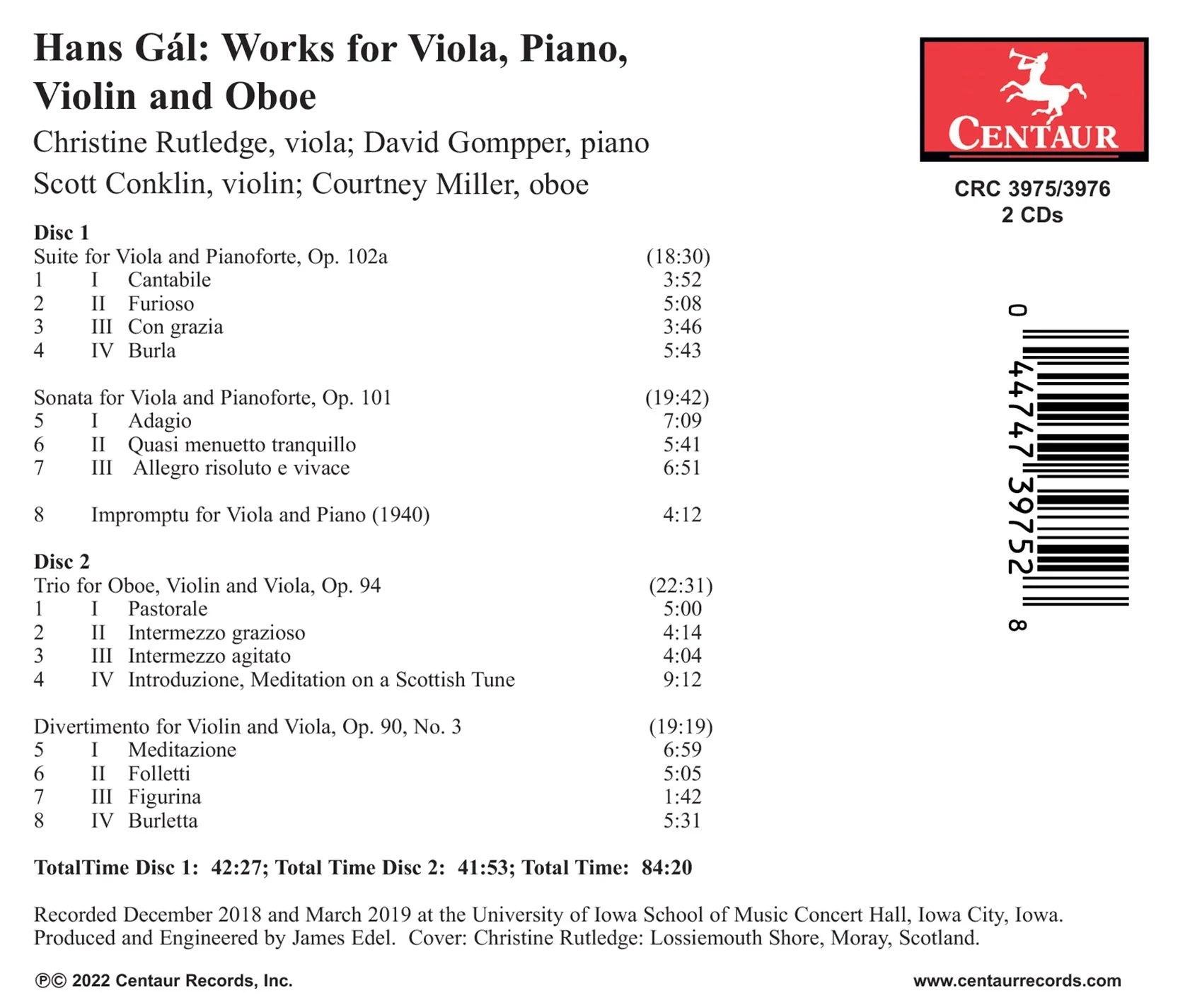 Gal: Works for Viola, Piano, Violin & Oboe - Image 2