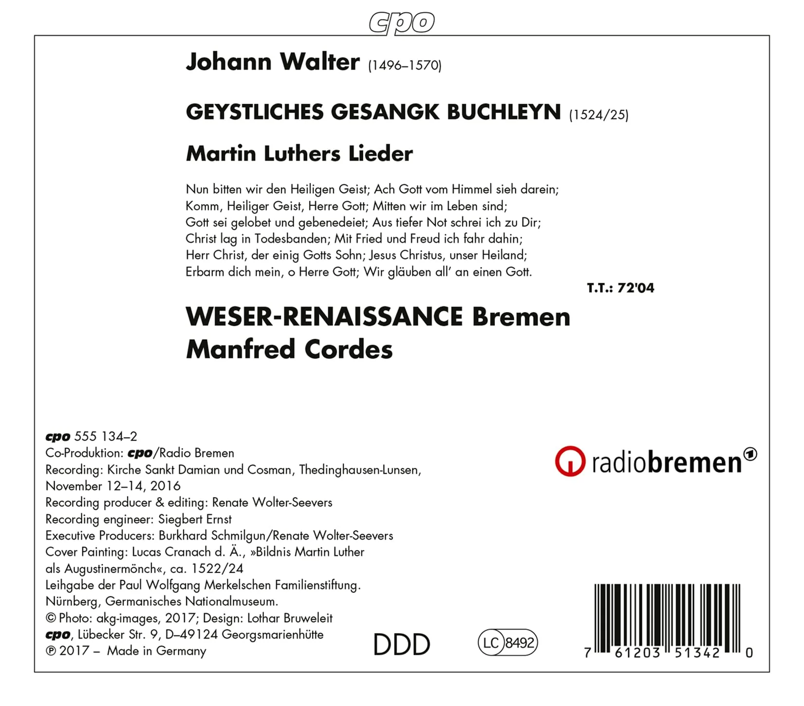 Walter: Geystliches Gesangk Buchleyn / Cordes, Weser-Renaissance Bremen - Image 2