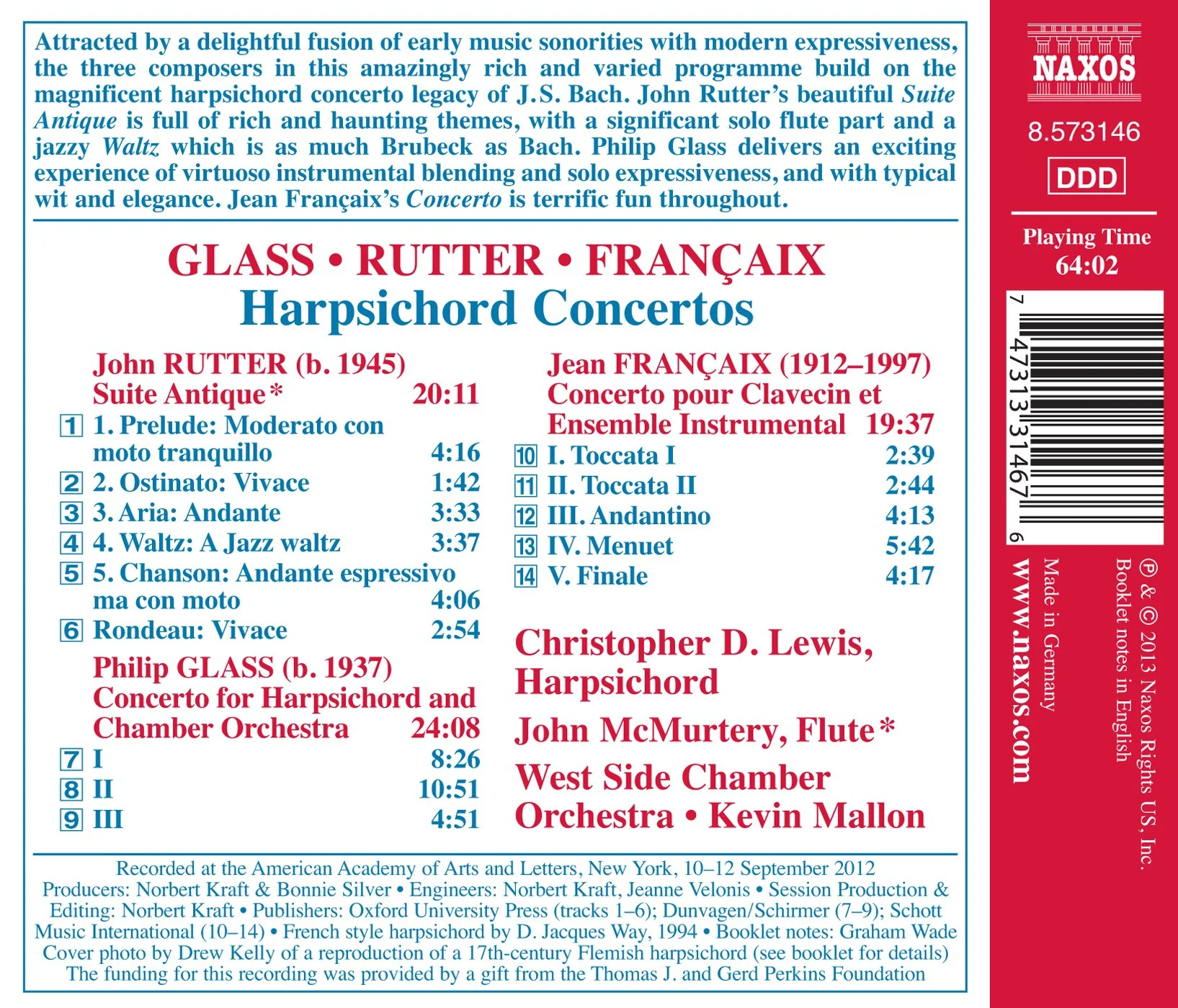 Glass, Rutter, Francaix: Harpsichord Concertos / Christopher Lewis - Image 2
