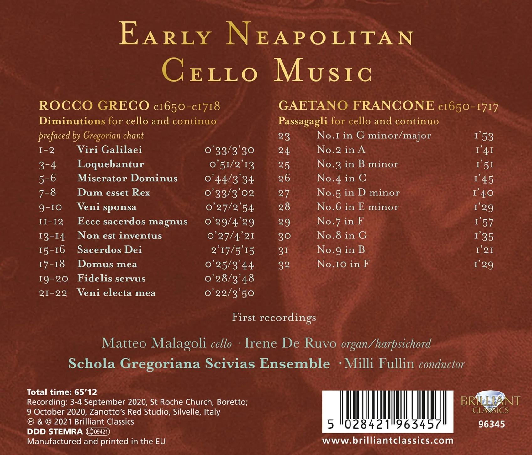 Greco: Early Neapolitan Cello Music / Malagoli, de Ruvo, Schola Gregoriani Scivas Ensemble - Image 2