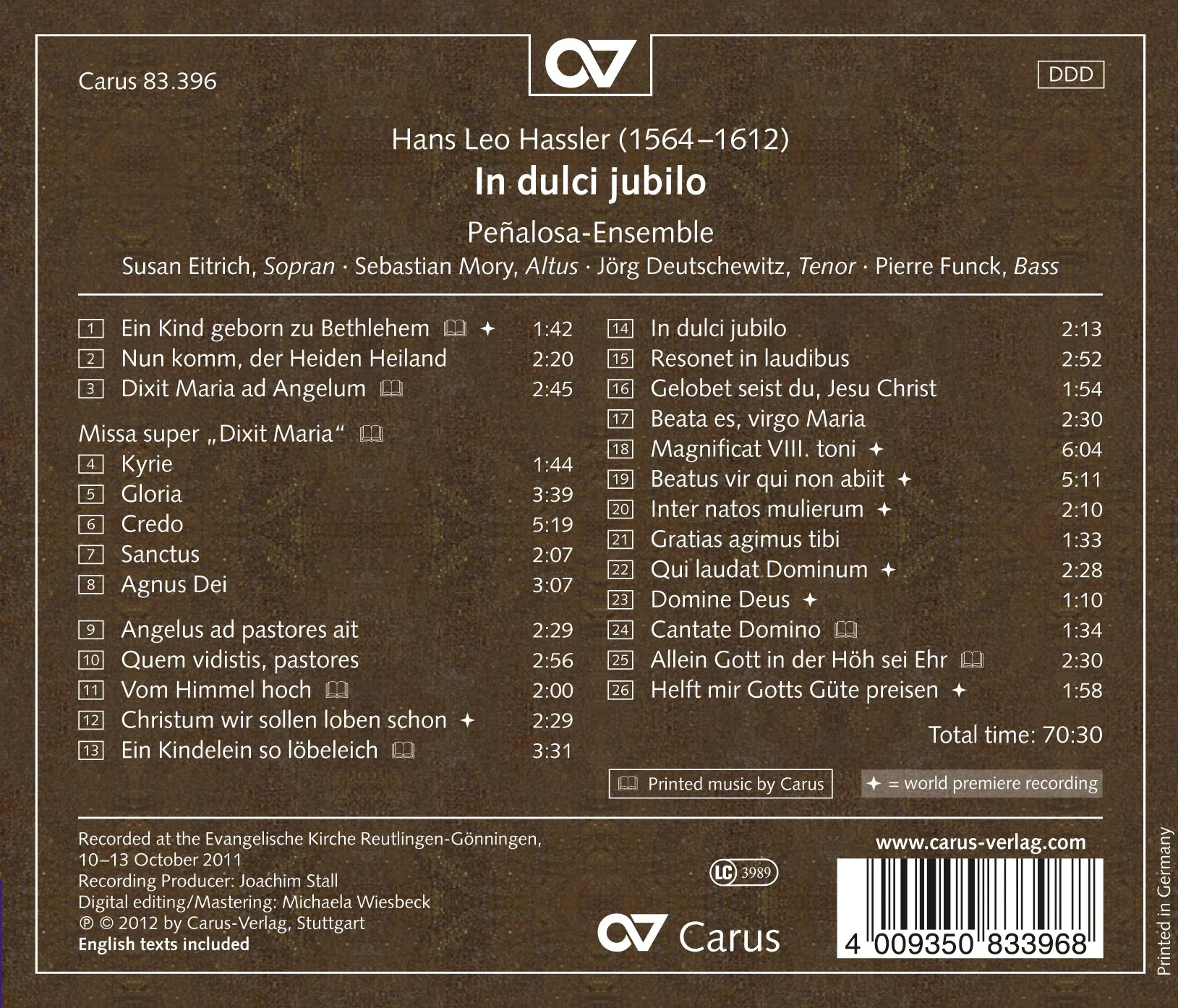 Hassler: In Dulci Jubilo - Choral Music For Advent And Christmas / Penalosa Ensemble - Image 2