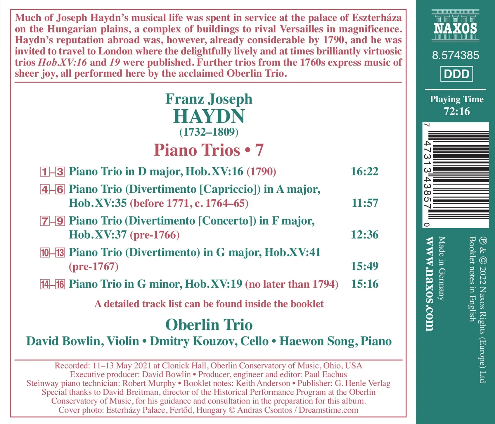 Haydn: Keyboard Trios, Vol. 7 [nos. 16, 17, 35, 37 & 41] / Oberlin Trio - Image 2