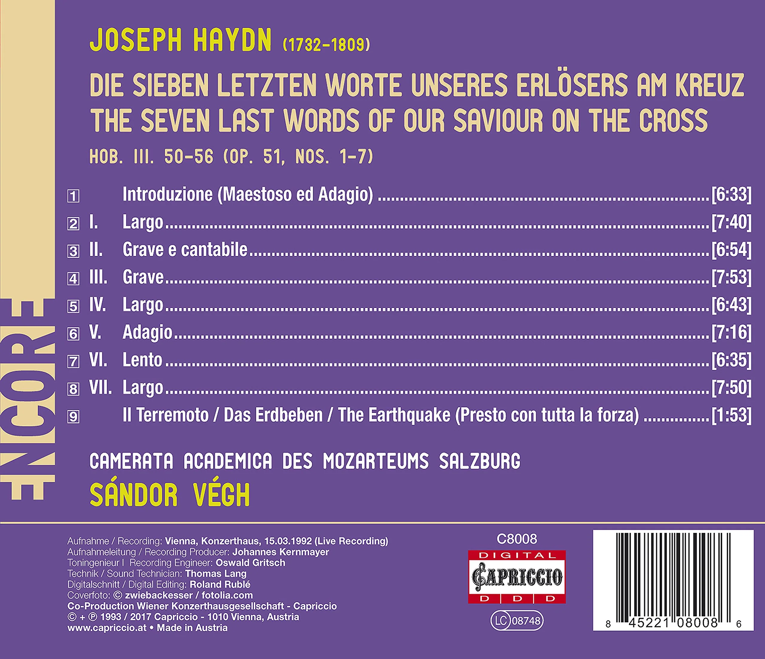 Haydn: The Seven Last Words of Our Saviour on the Cross / Vegh - Image 2