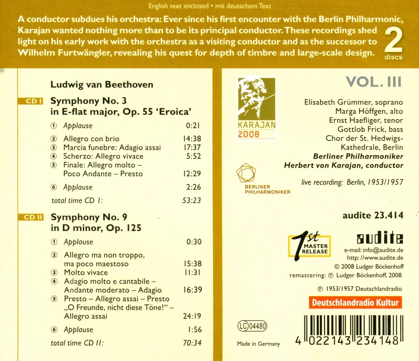 Herbert Von Karajan Vol 3 - Beethoven: Symphonies No 3 & 9 - Image 2