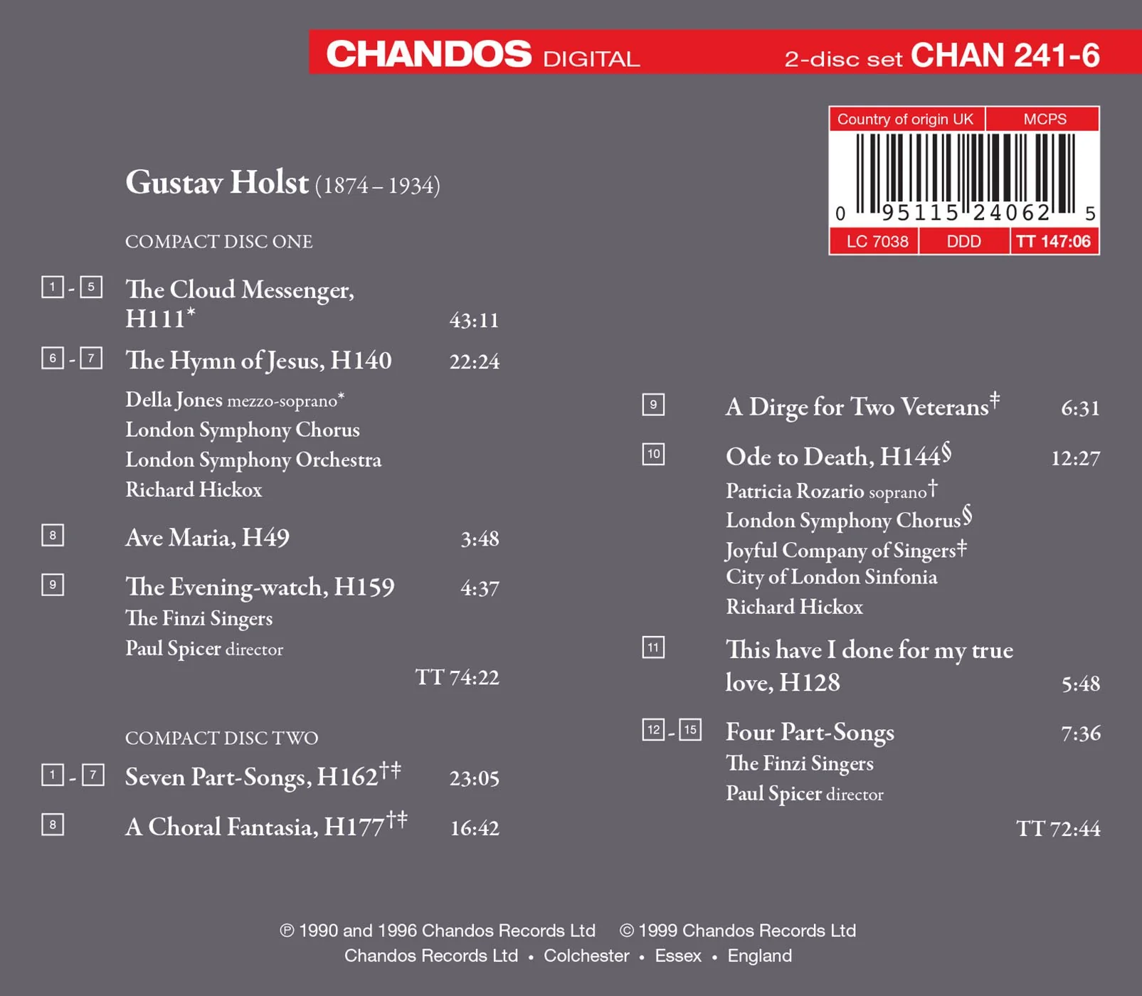 Holst: The Cloud Messenger, A Choral Fantasia, etc. / Hickox, LSO, City of London Sinfonia - Image 2