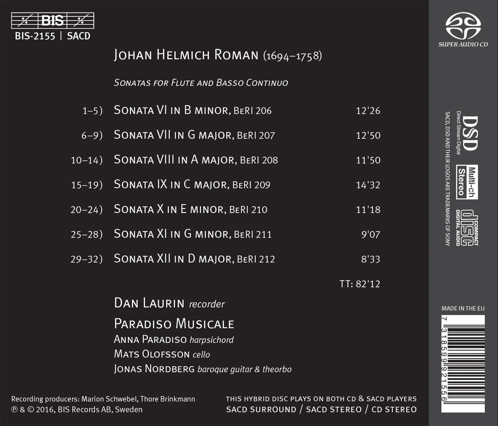 J.H. Roman: The 12 Flute Sonatas, Nos. 6-12 / Laurin, Paradiso Musicale - Image 2