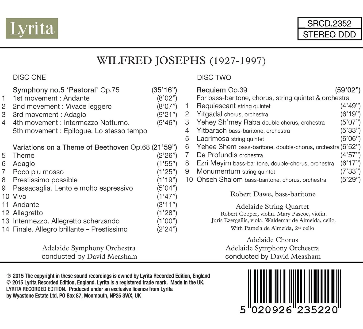 Josephs: Symphony No. 5 "Pastoral", Requiem & Variations on a Theme of Beethoven - Image 2