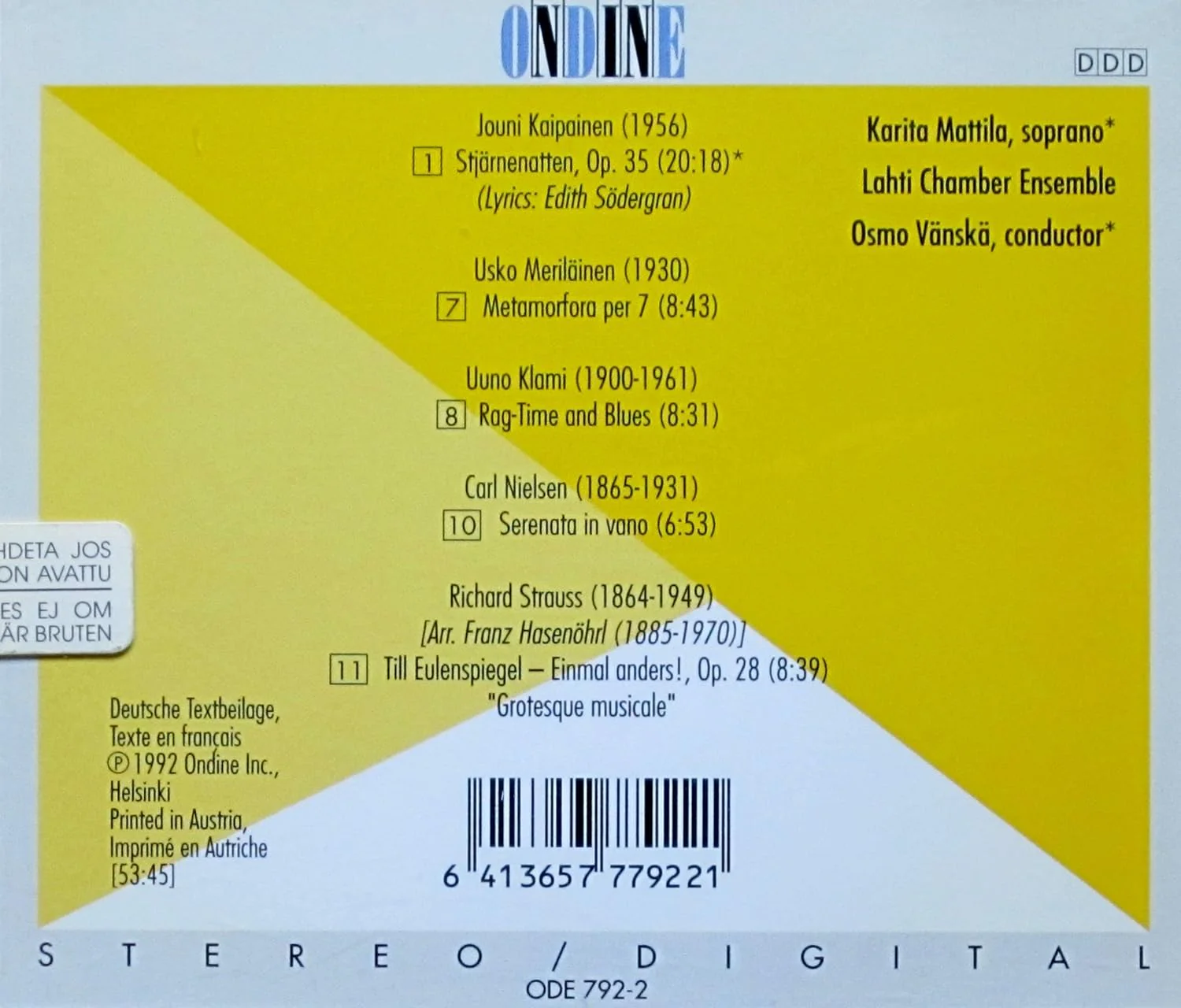 Karita Mattila Sings Soprano Arias / Vänskä, Lahti Chamber Ensemble - Image 2