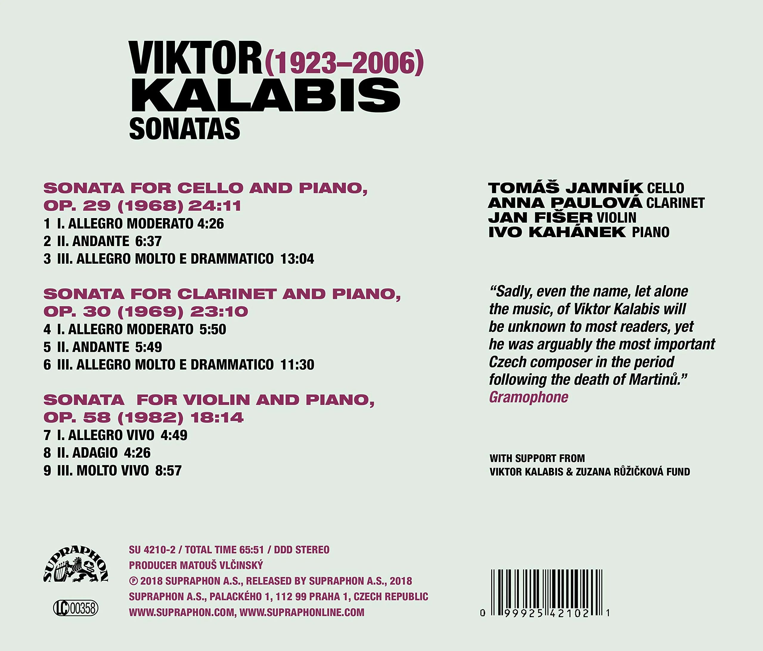 Kalabis: Sonatas for Cello, Clarinet, Violin & Piano / Jamnik, Paulova, Fiser, Kahanek - Image 2