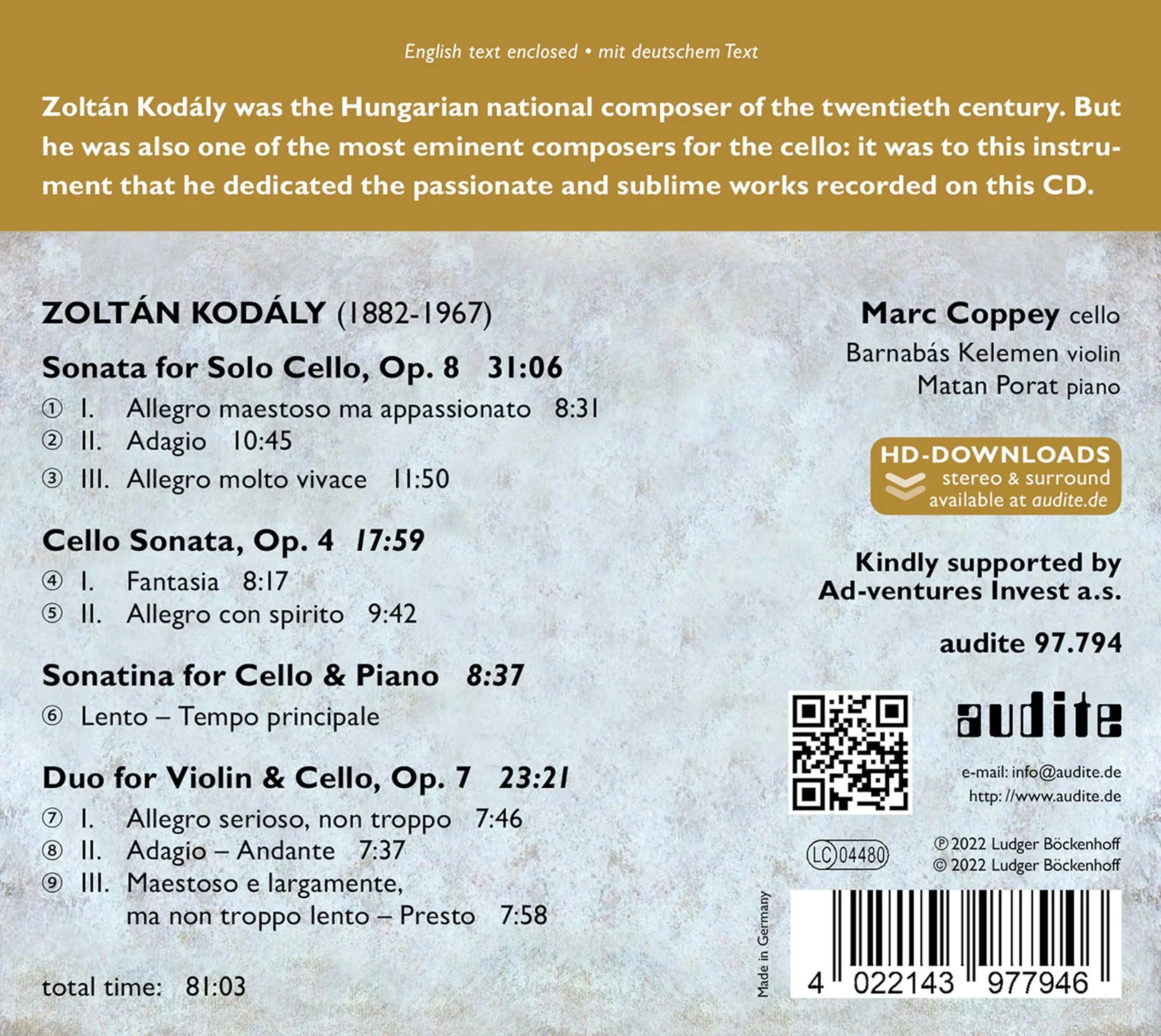 Kodály: Cellosonaten - Sonaten Opp. 8 & 4 / Coppey, Porat, Kelemen - Image 2