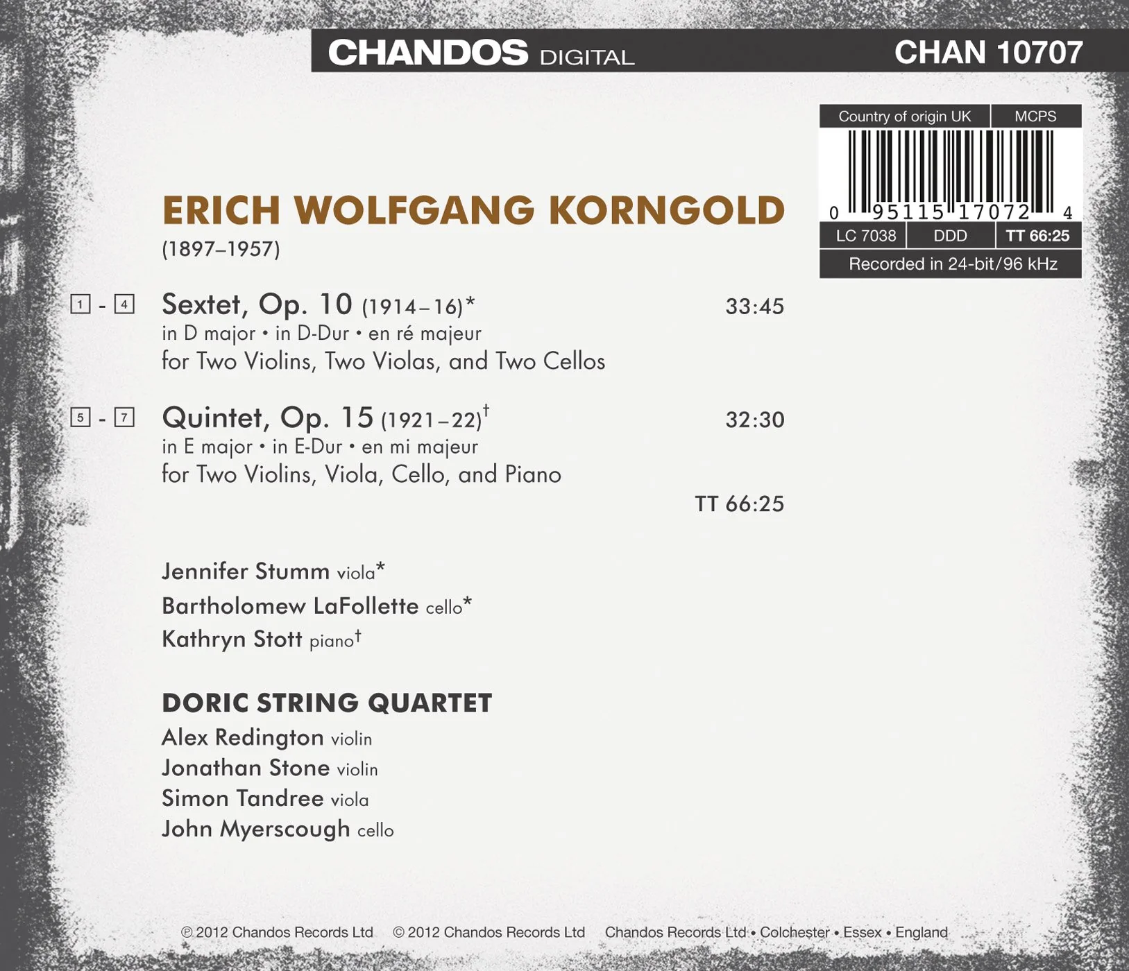 Korngold: Piano Quintet & String Sextet / Stumm, LaFollette, Stott, Doric String Quartet - Image 2