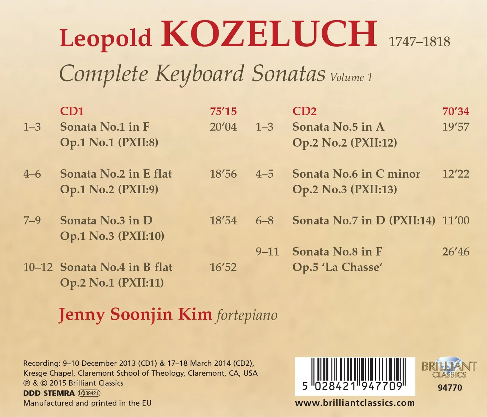 Kozeluch: Complete Keyboard Sonatas Vol 1 / Jenny Soonjin Kim - Image 2