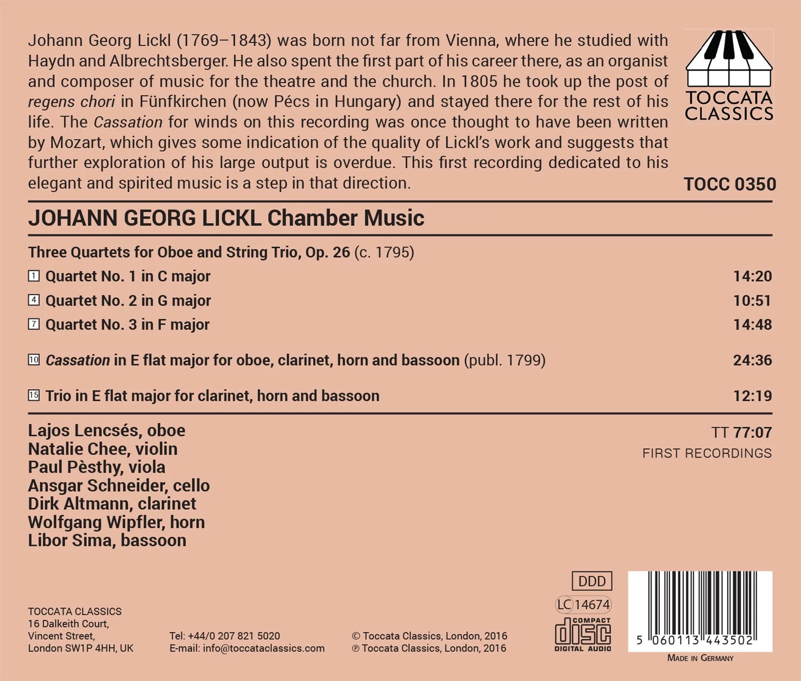 Lickl: 3 Oboe Quartets, Op. 26, Cassation in E-Flat Major & - Image 2