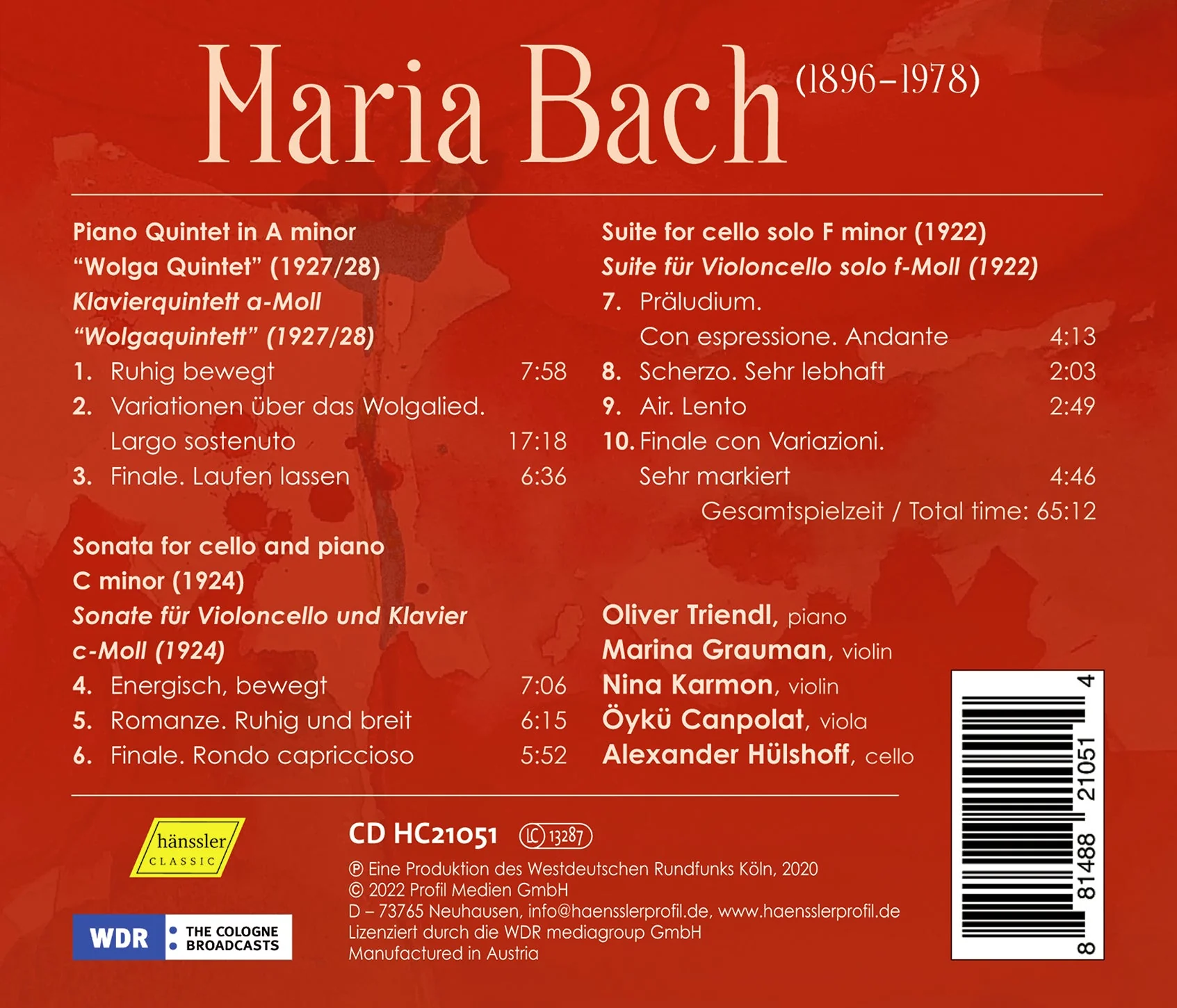 Maria Bach: Piano Quintet & Cello Music / Hülshoff, Canpolat, Karmon, Triendl, Grauman - Image 2