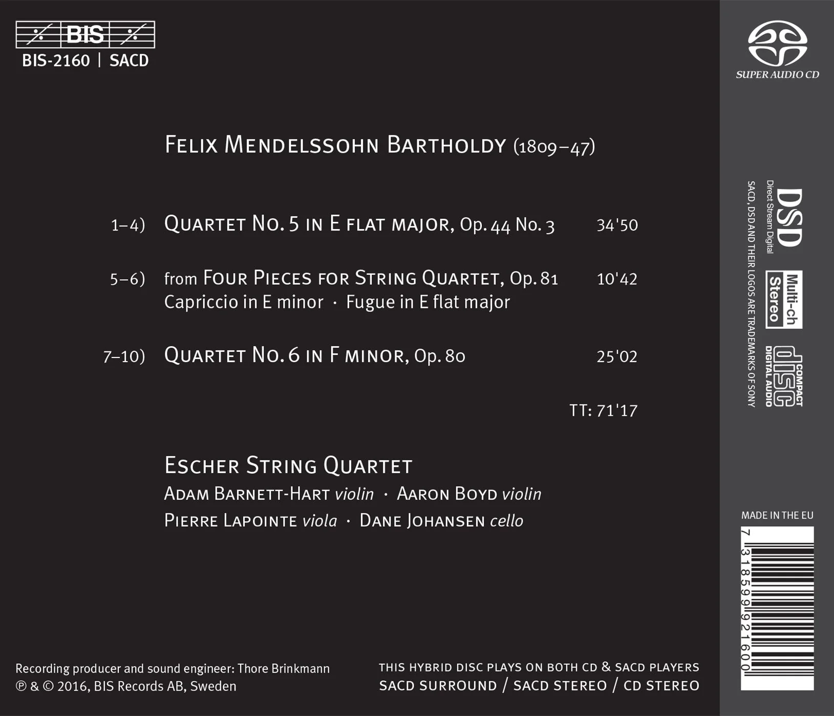 Mendelssohn: String Quartets Nos. 5 & 6 / Escher String Quartet - Image 2