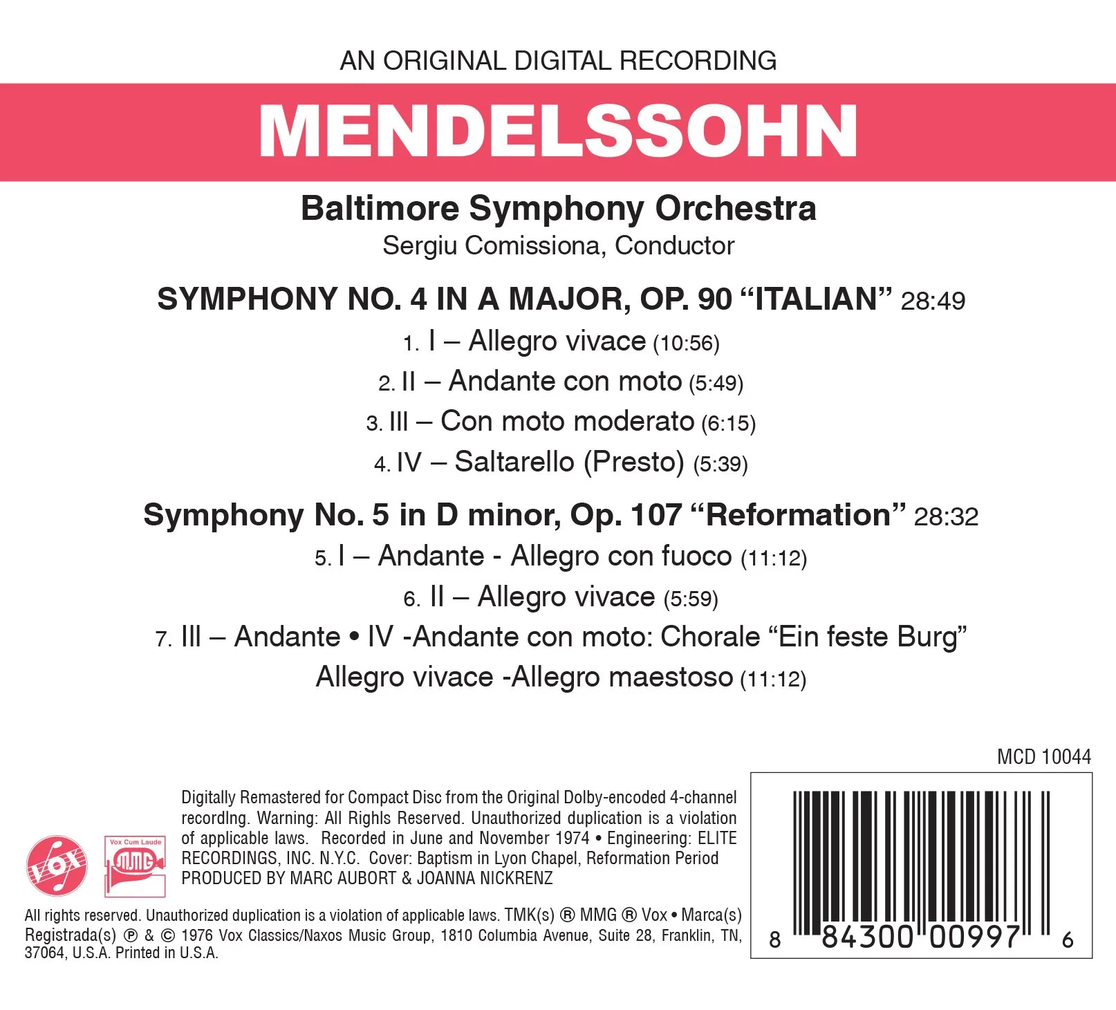 Mendelssohn: Symphonies Nos. 4 & 5 / Comissiona, Baltimore Symphony - Image 2