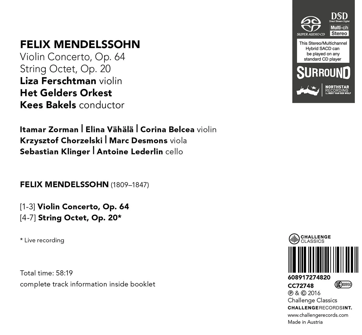 Mendelssohn: Violin Concerto & String Octet / Ferschtman, Bakels, Het Gerlders Orkest - Image 2