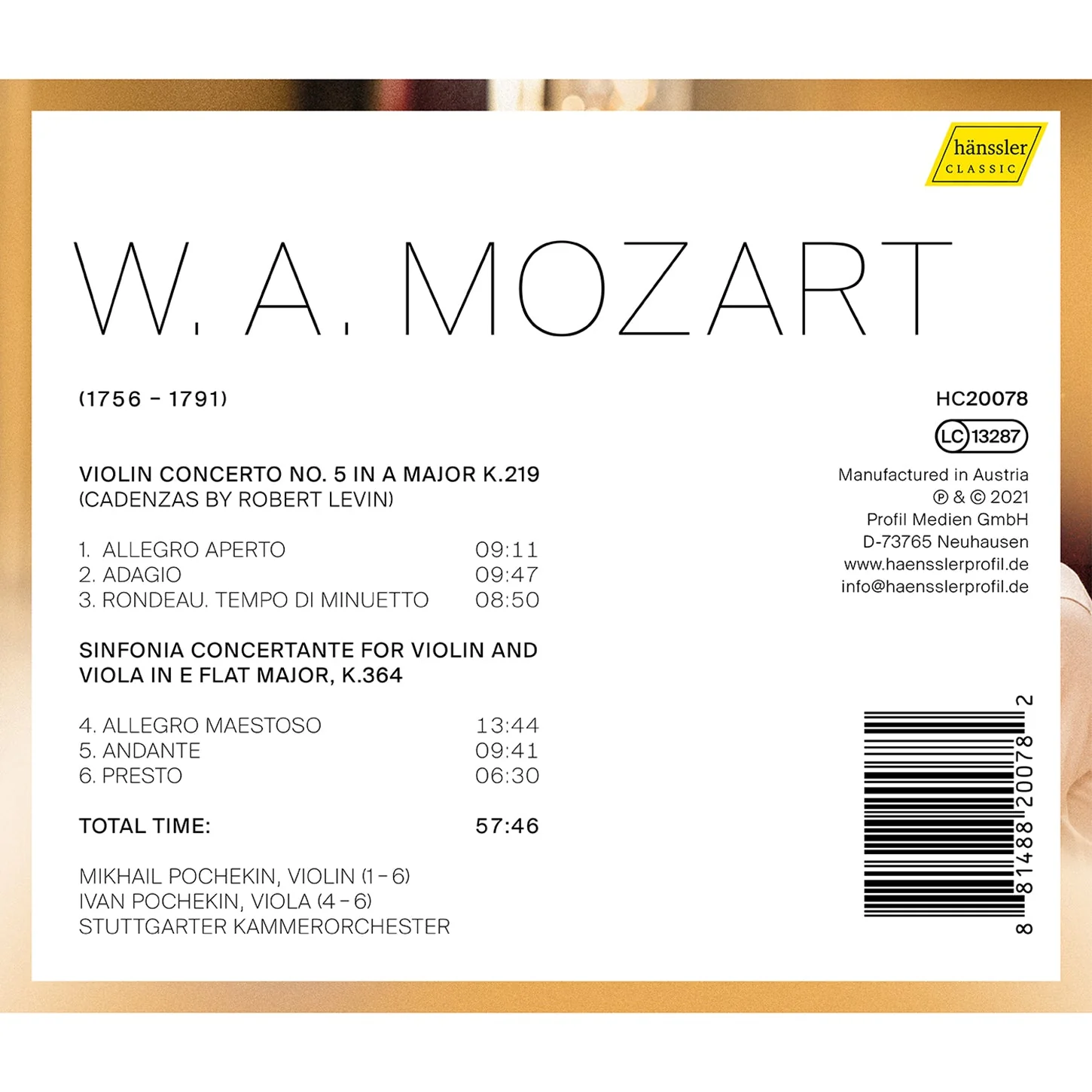Mozart:  Sinfonia Concertante - Violin Concerto No. 5, "Turkish" / I. Pochekin, M. Pochekin, Stuttgarter Kammerorchester - Image 2