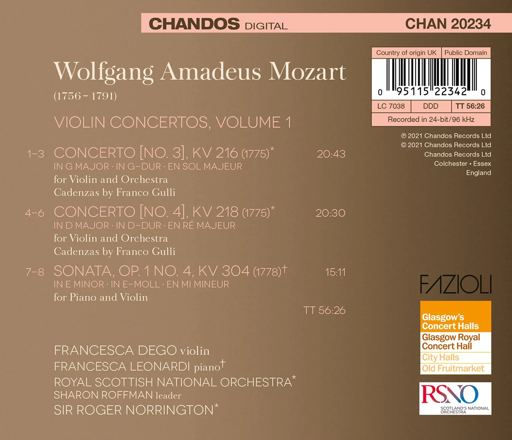Mozart: Violin Concertos, Vol. 1 / Dego, Leonardi, Norrington, Royal Scottish National Orchestra - Image 2