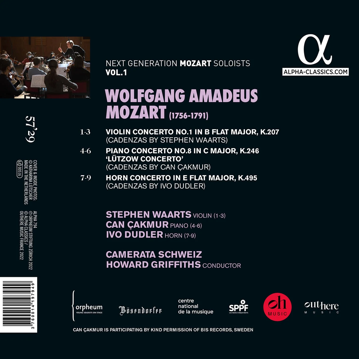Mozart: Violin Concerto No. 1, KV. 207; Piano Concerto No. 8, KV. 246 "Lutzow"; Horn Concerto No. 4, KV. 495 / Waarts, Çakmur, Dudler, Griffiths, Camerata Schweiz - Image 2