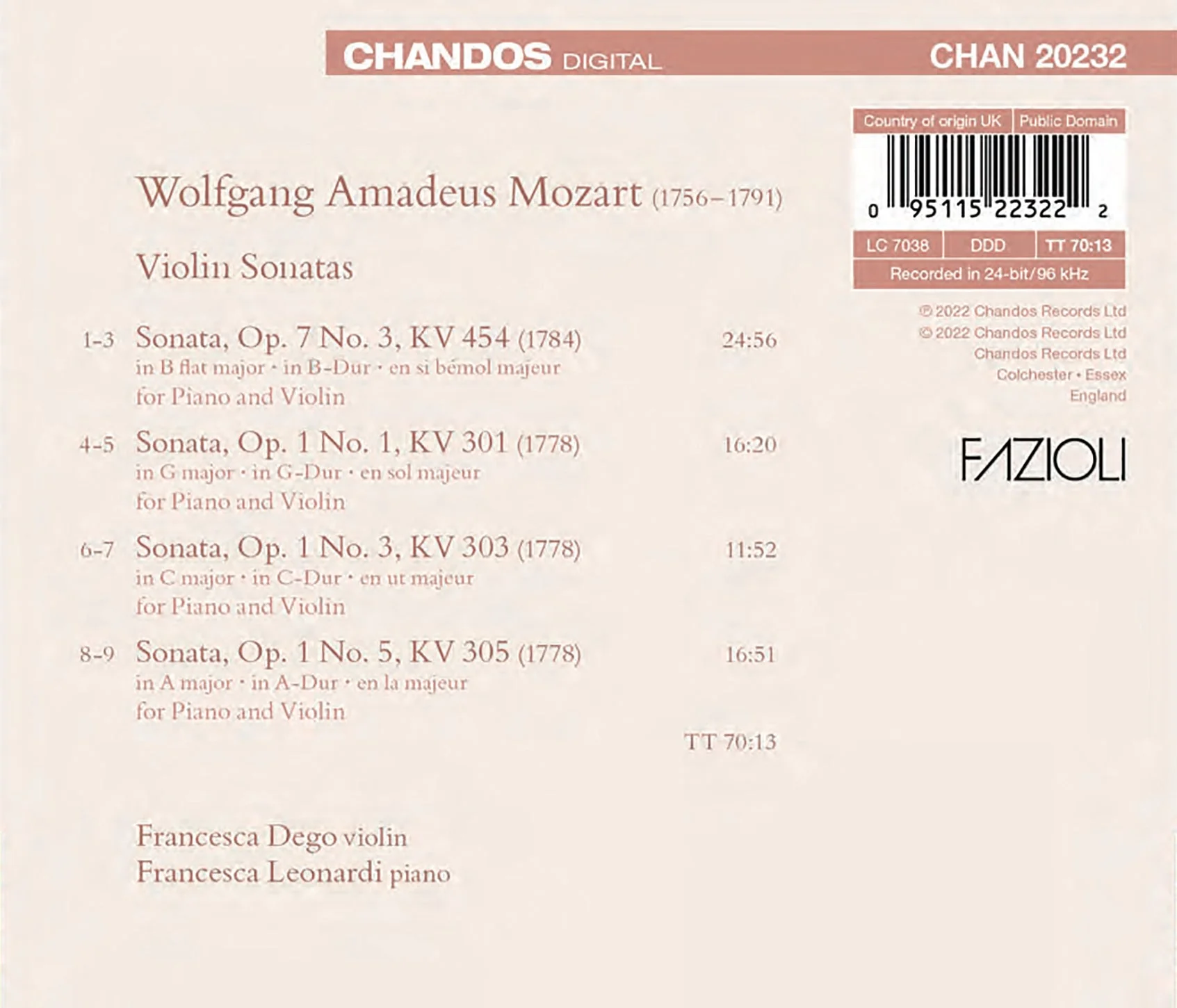Mozart: Violin Sonatas / Dego, Leonardi - Image 2