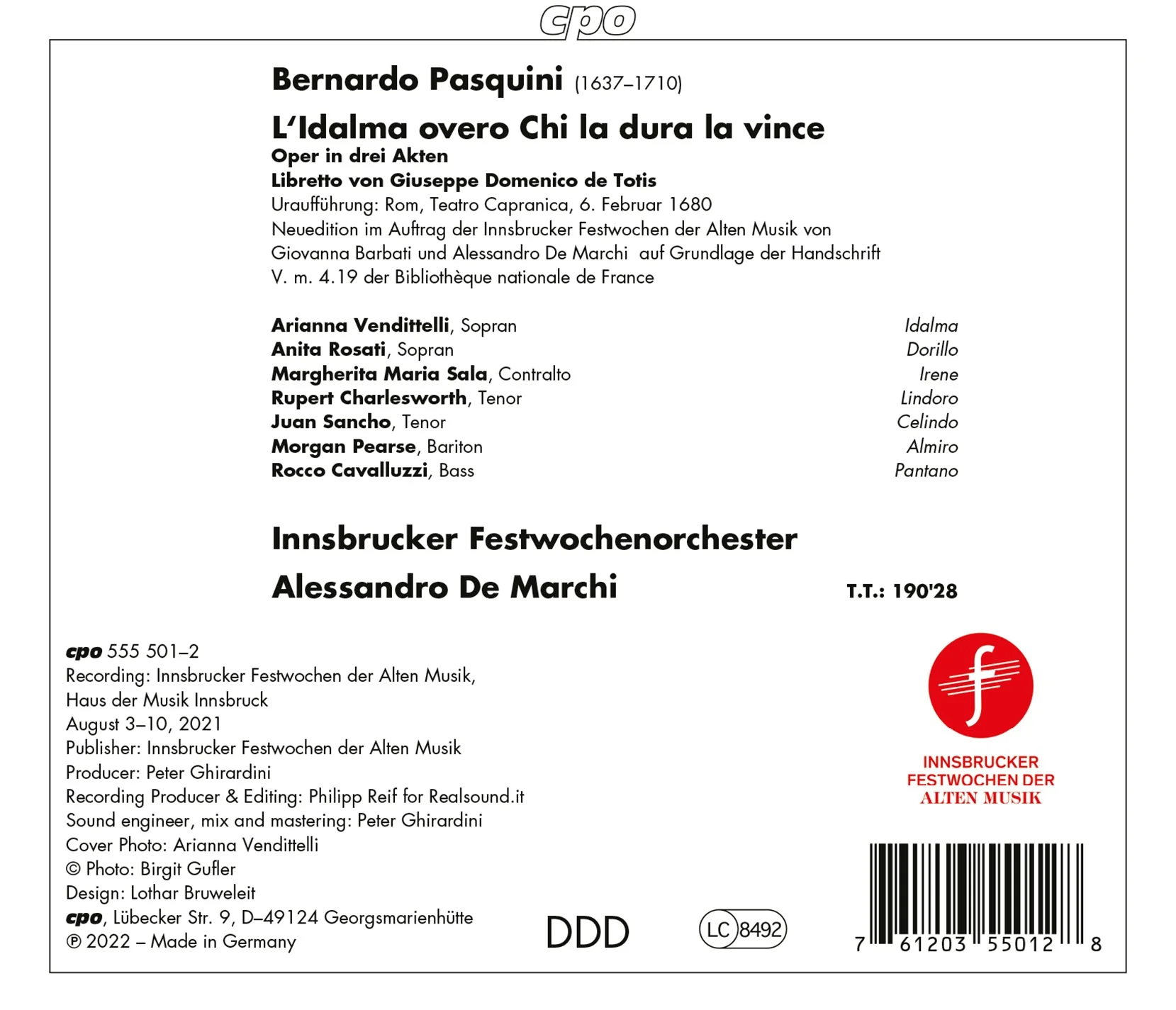Pasquini: L'Idalma / Vendittelli, Rosati, De Marchi, Innsbruck Festival Orchestra - Image 2
