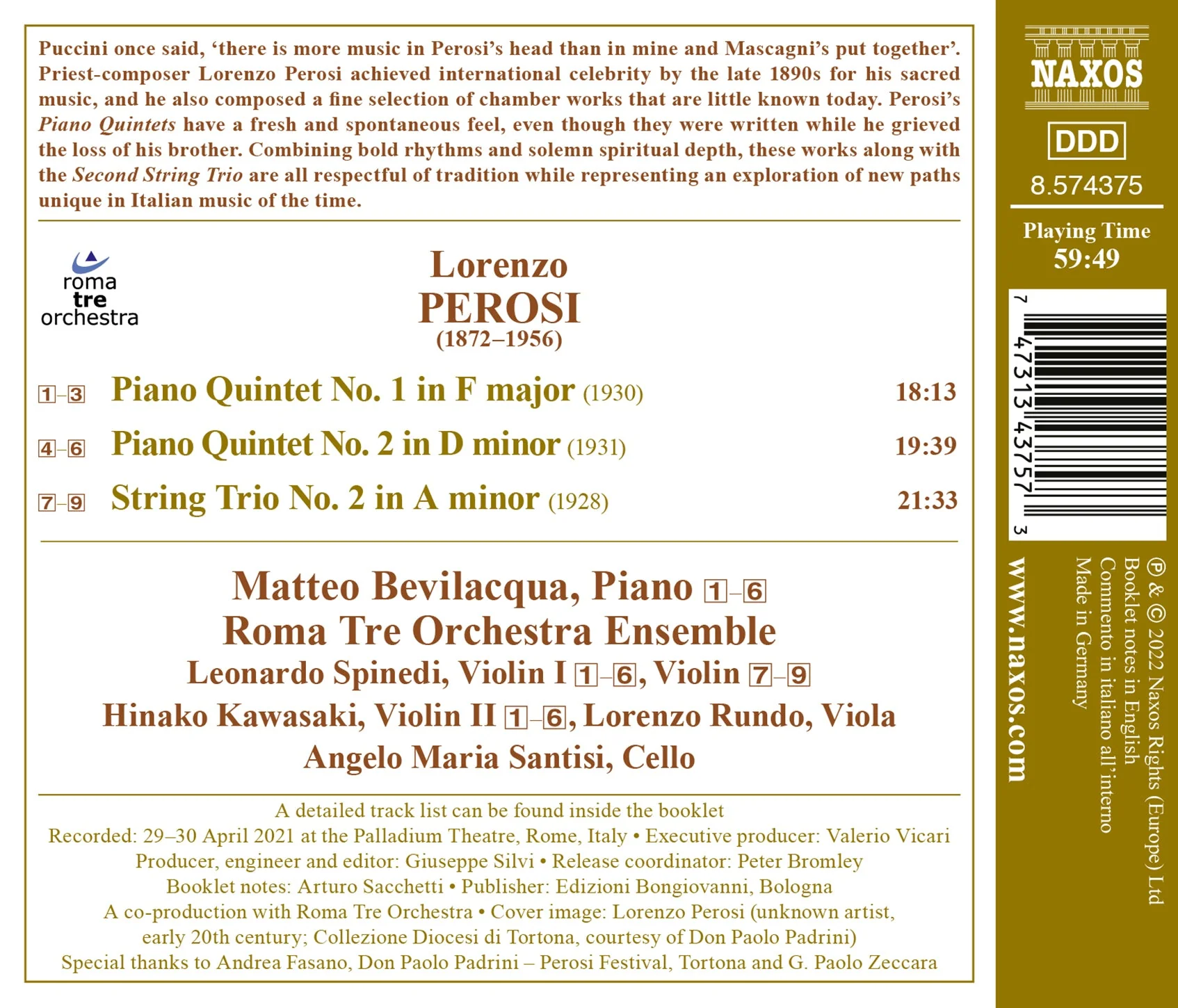 Perosi: Piano Quintets nos. 1-2, String Trio no. 2 / Bevilacqua, Roma Tre Orchestra Ensemble - Image 2