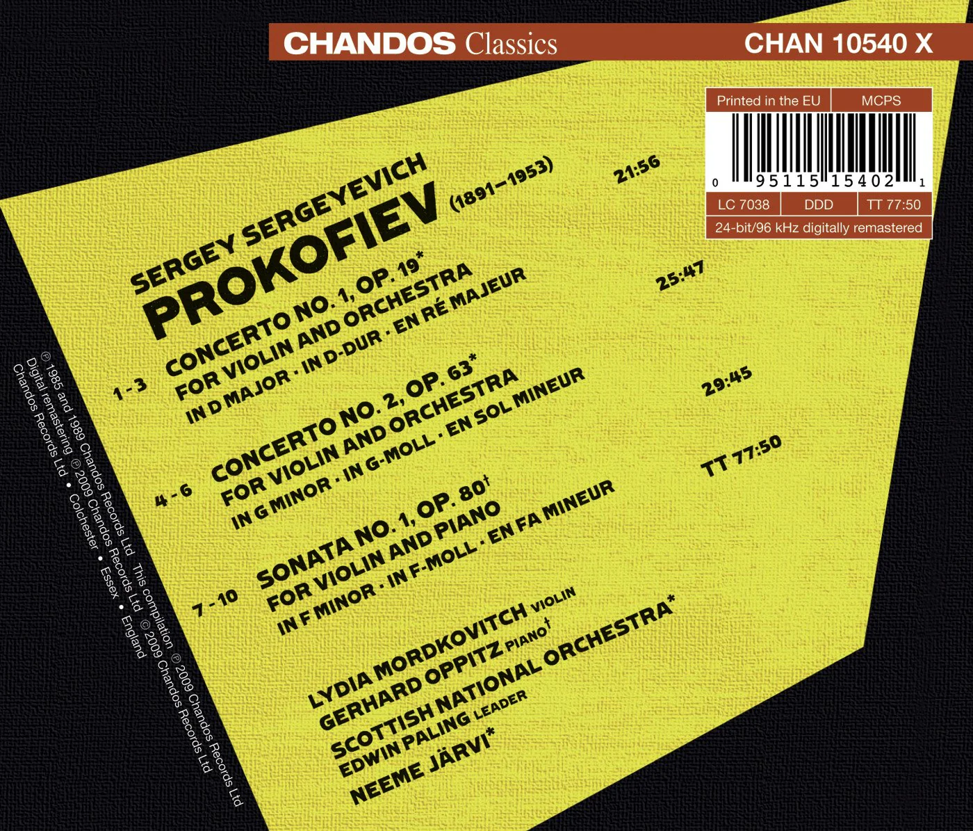 Prokofiev: Violin Concertos No 1 & 2, Violin Sonata No 1 / Mordkovitch, Oppitz, Jarvi, Scottish NO - Image 2