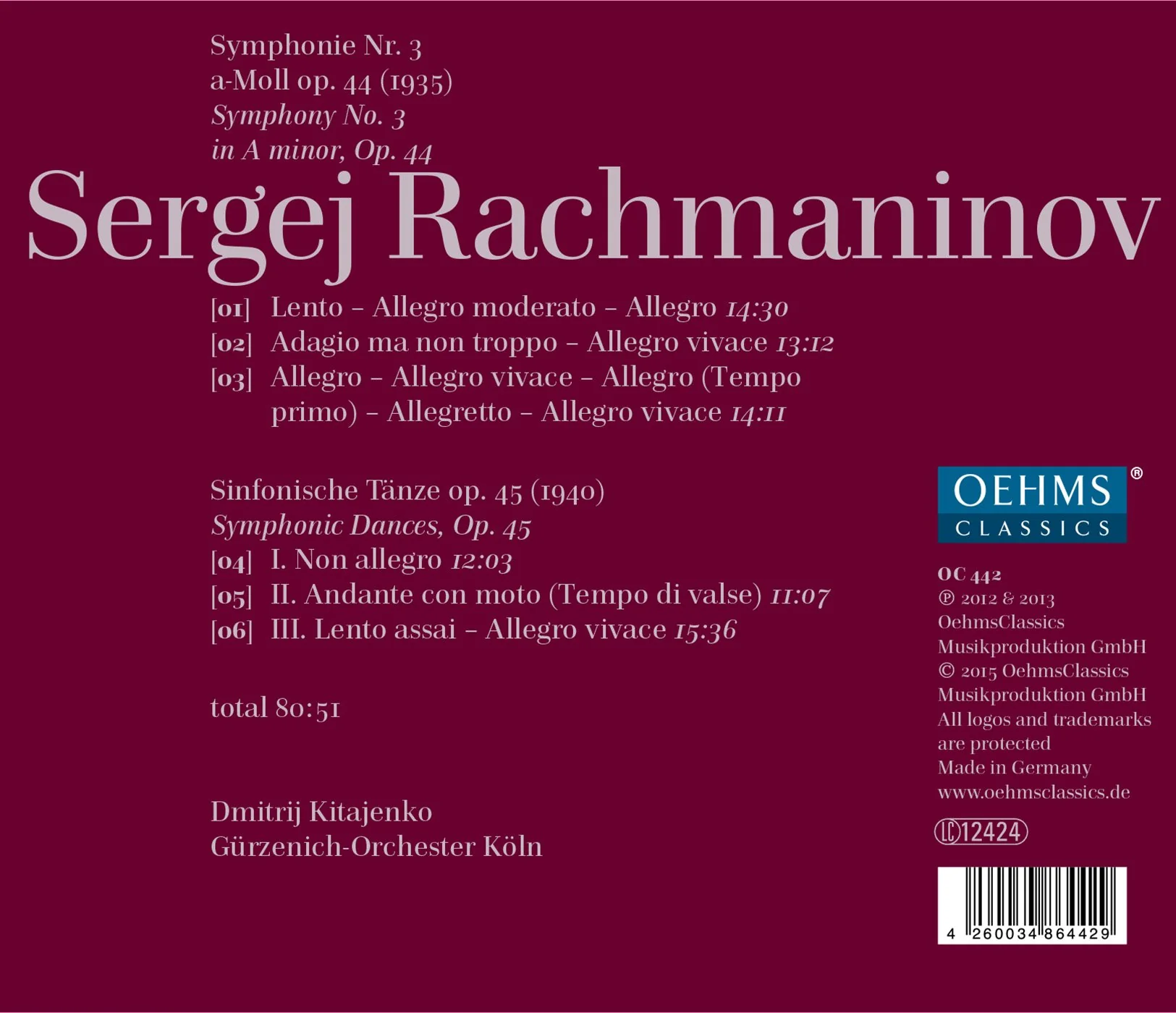 Rachmaninov: Symphony No. 3; Symphonic Dances / Kitajenko, Gurzenich Orchestra of Cologne - Image 2