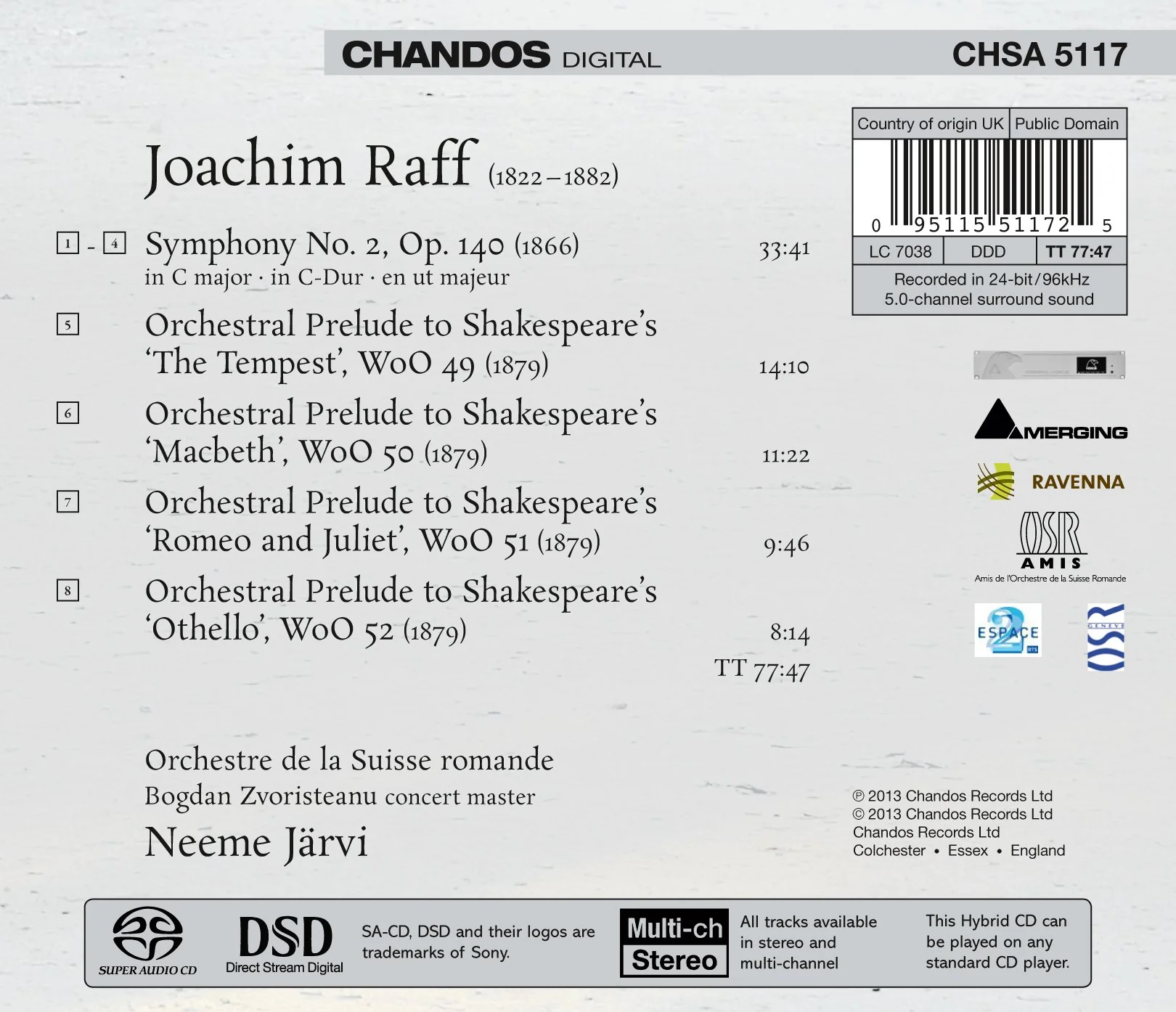 Raff: Symphony No 2, Four Shakespeare Preludes / Jarvi, Suisse Romande - Image 2