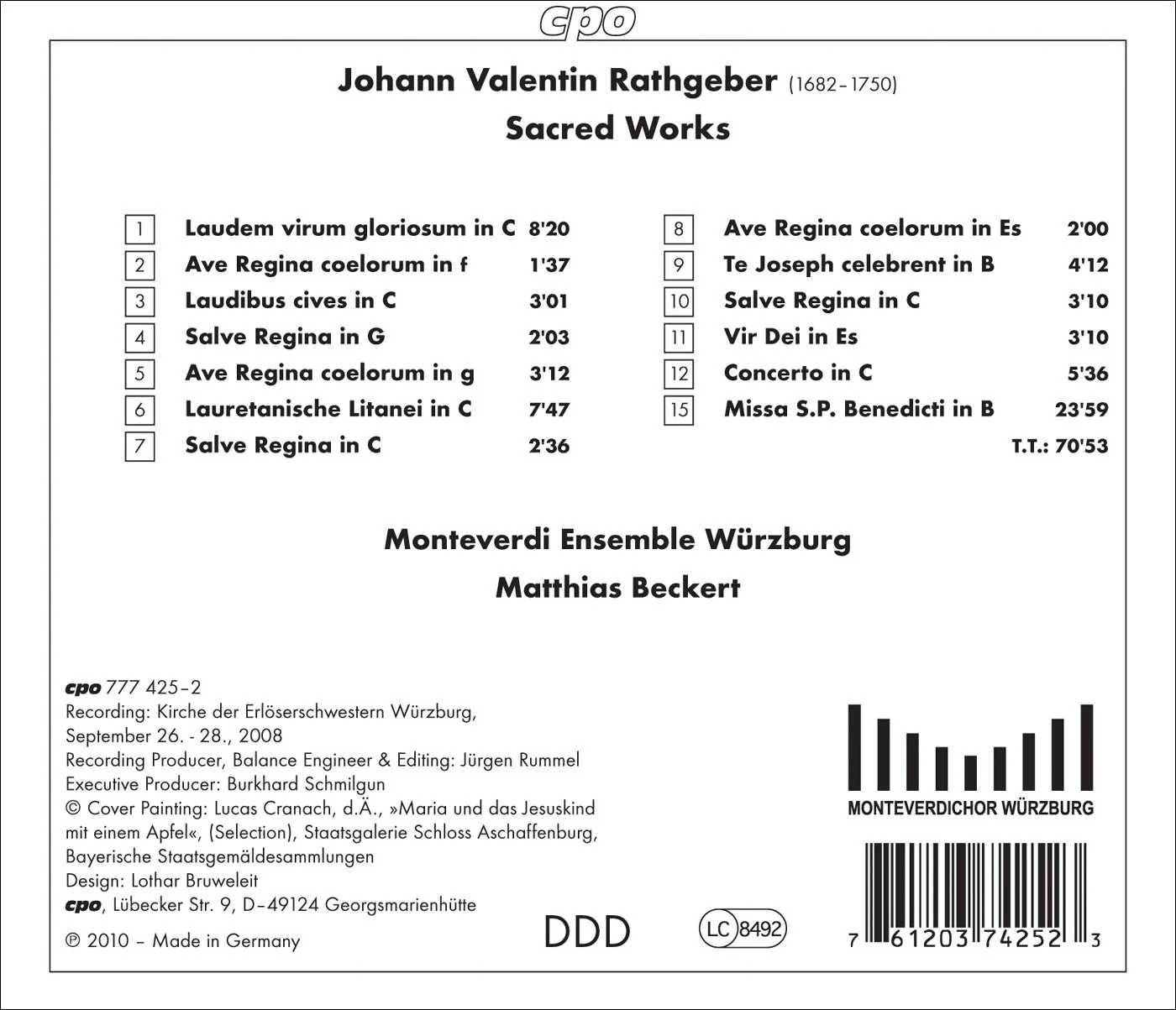 Rathgeber: Missa St. Benedicti / Beckert, Monteverdi Ensemble Wurzburg - Image 2