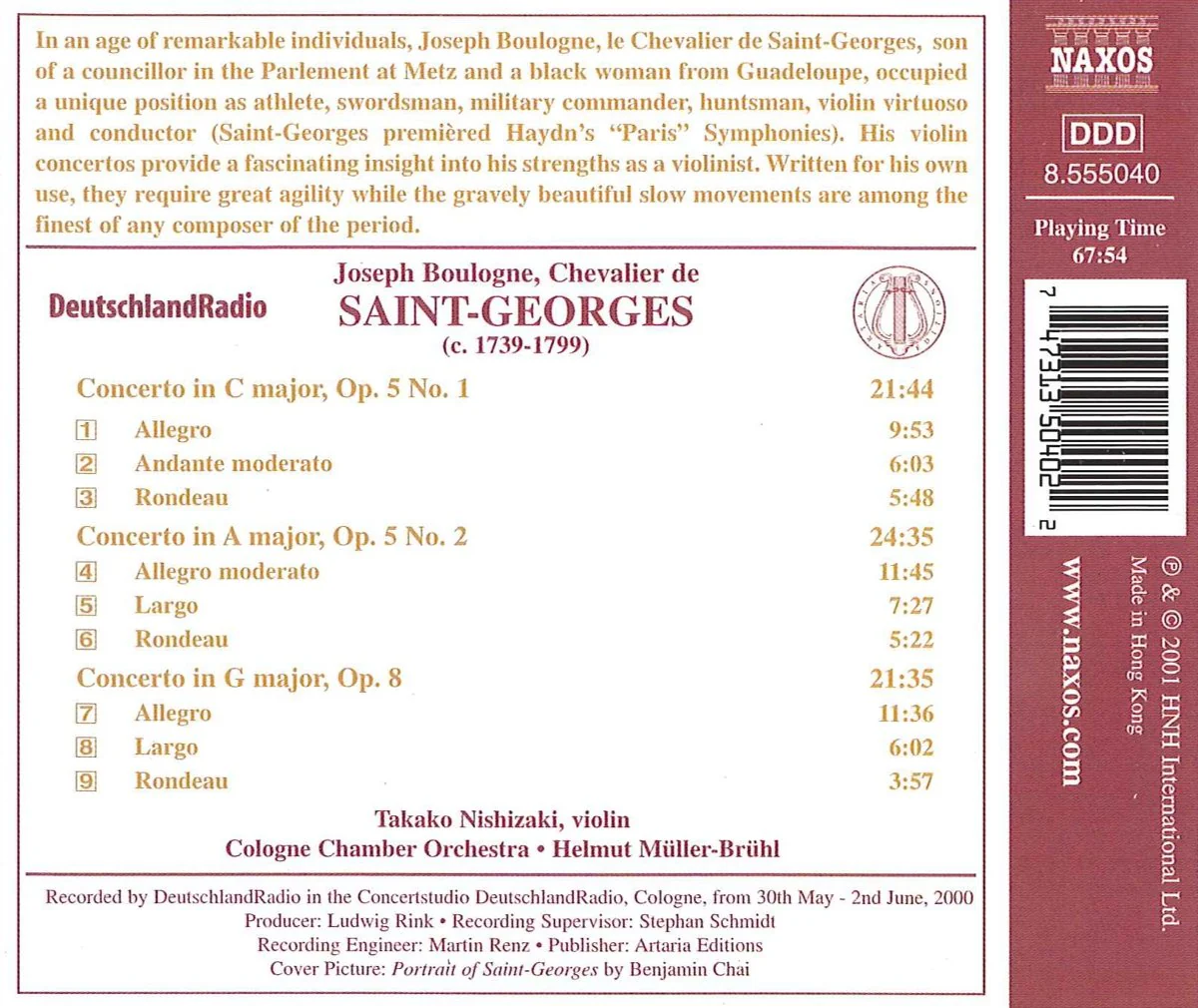 Saint-Georges: Violin Concertos, Opp. 5 & 8 / Nishizaki, Müller-Brühl, Cologne Chamber Orchestra - Image 2
